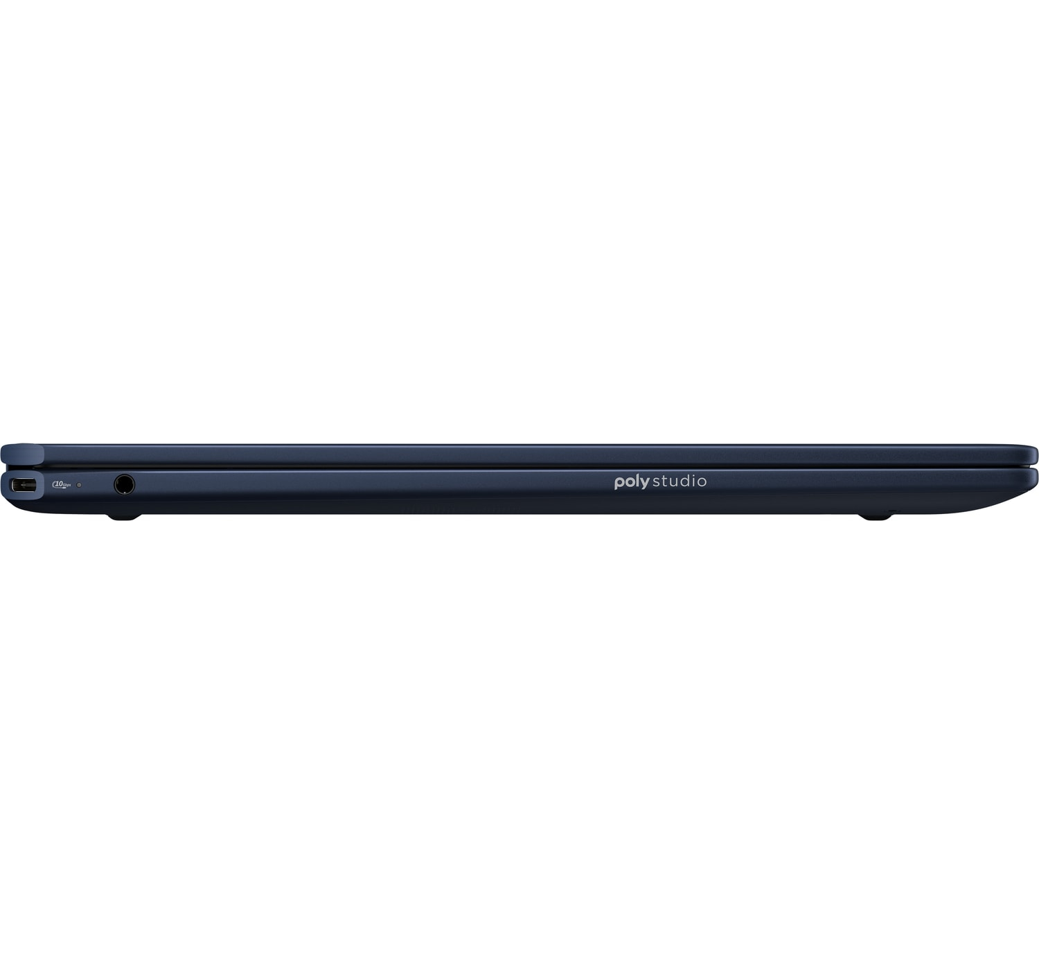 Dunkelblaues Poly Studio Laptop-Profil mit Anschlüssen.