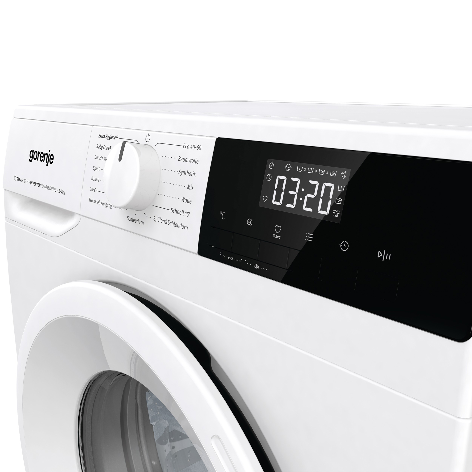 Nahaufnahme einer weißen Gorenje-Waschmaschine mit digitalem Display, das 03:20 anzeigt.