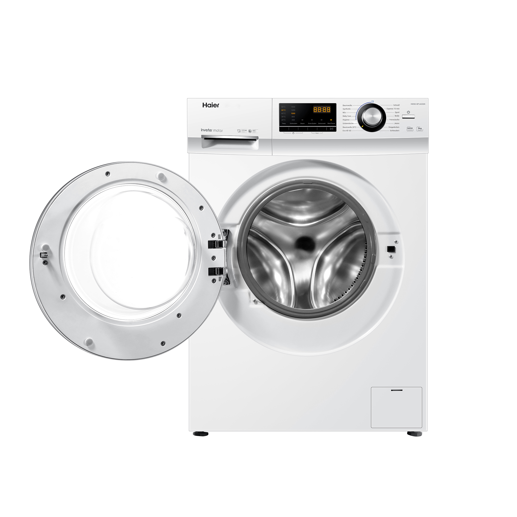 Eine weiße Haier-Waschmaschine mit geöffneter Tür und sichtbarer Trommel.