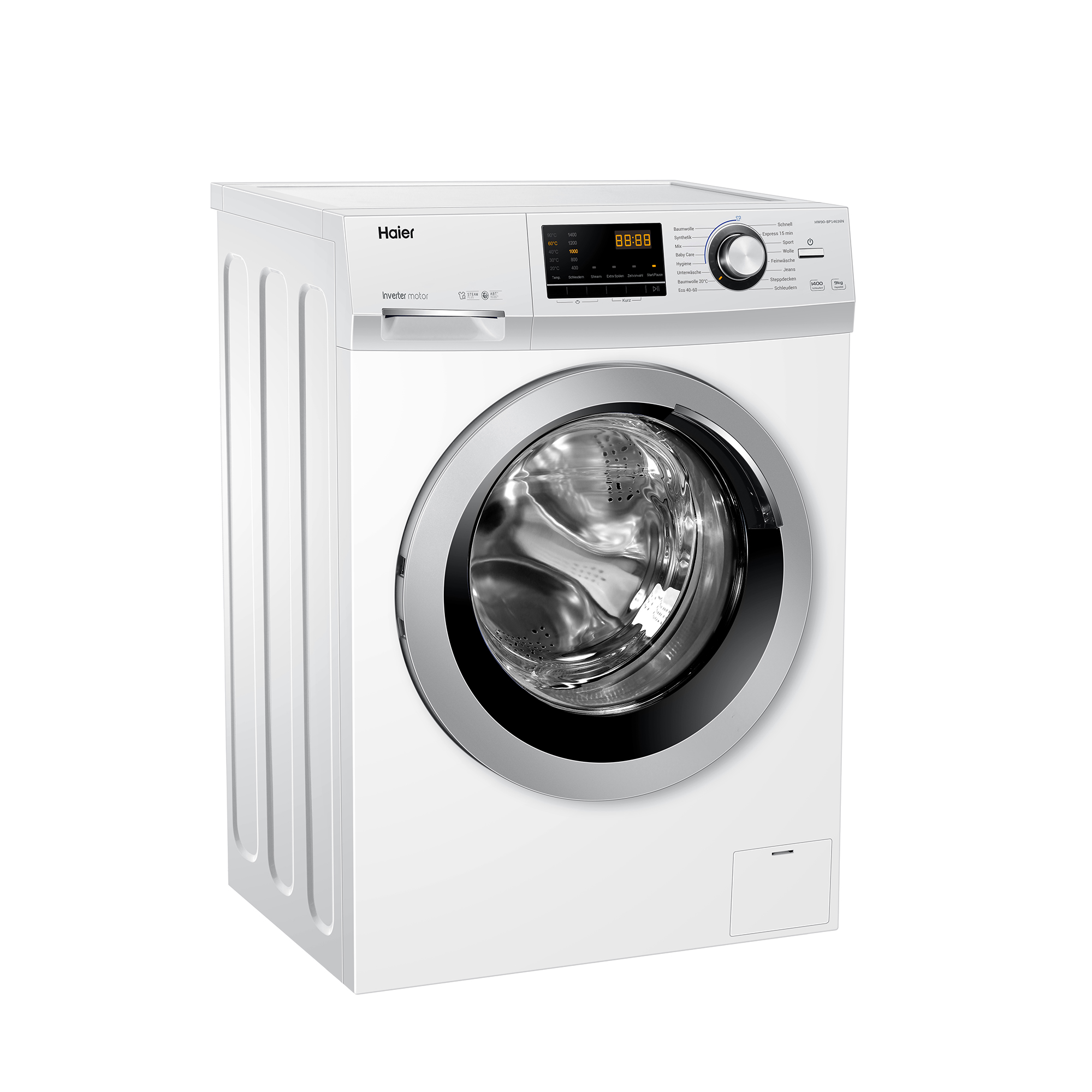 Weiße Haier Waschmaschine mit silberner Tür und Display.