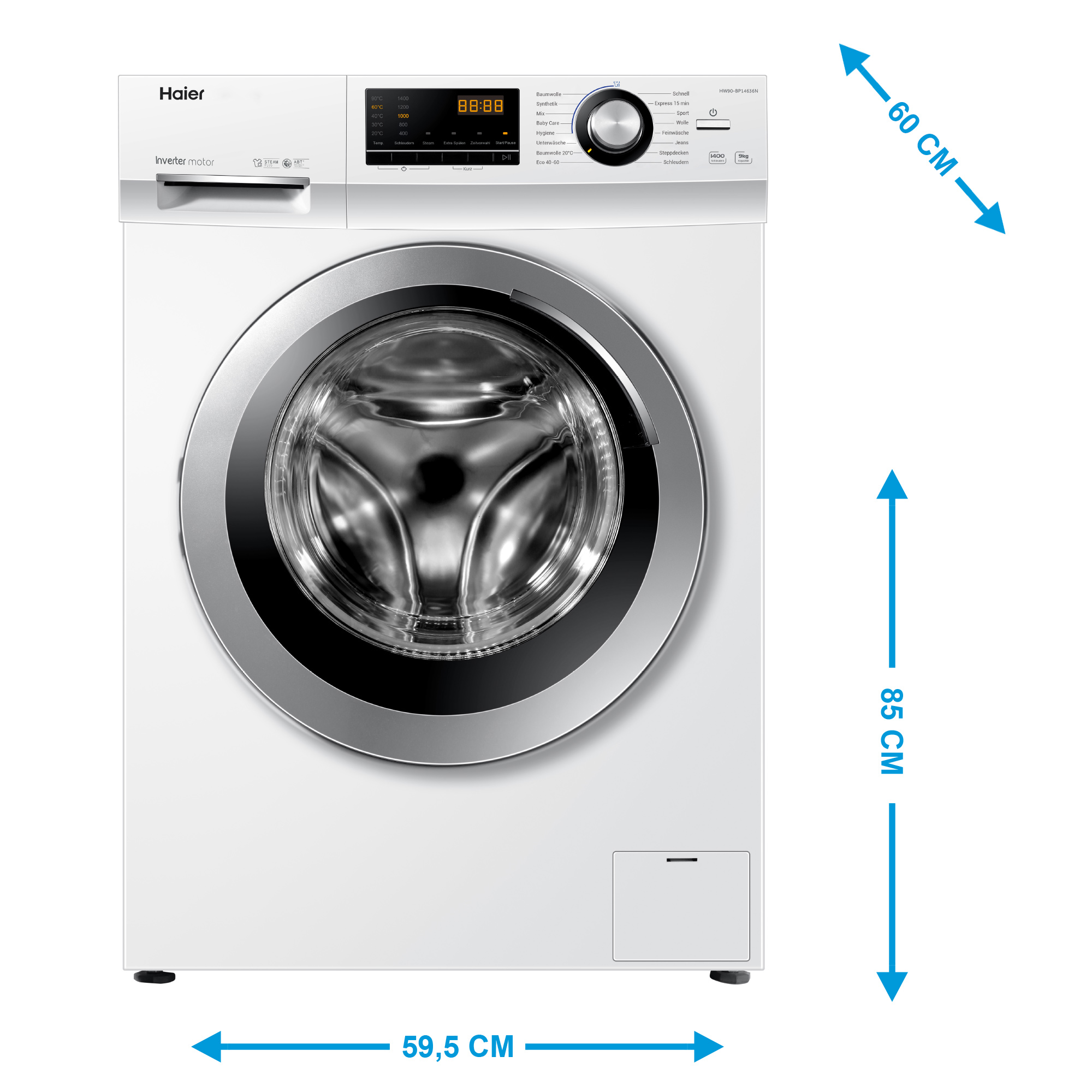 Eine weiße Haier Waschmaschine mit Display, silbernem Bullauge und Bedienfeld.