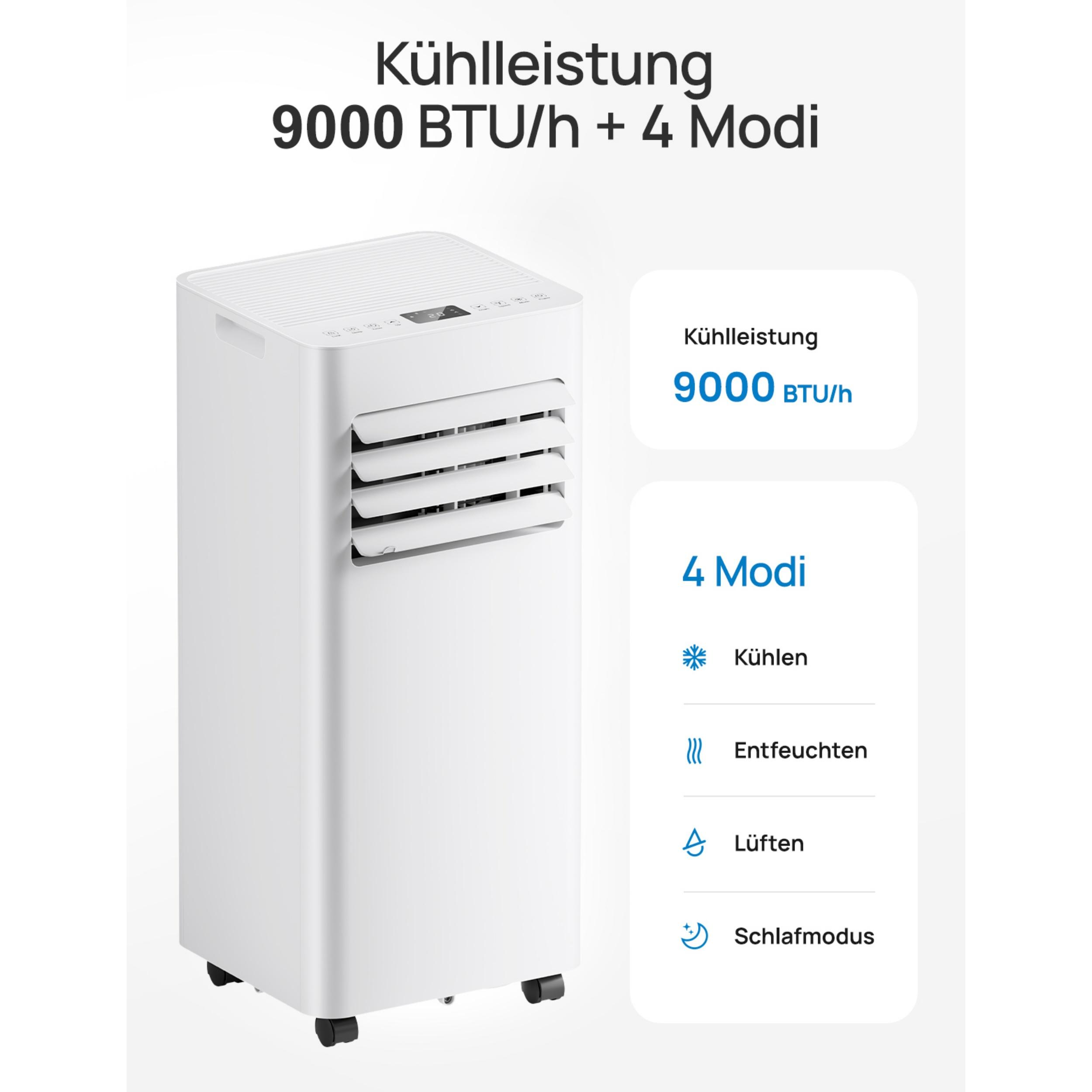 Ein weißes mobiles Klimagerät mit 9000 BTU/h und 4 Modi.