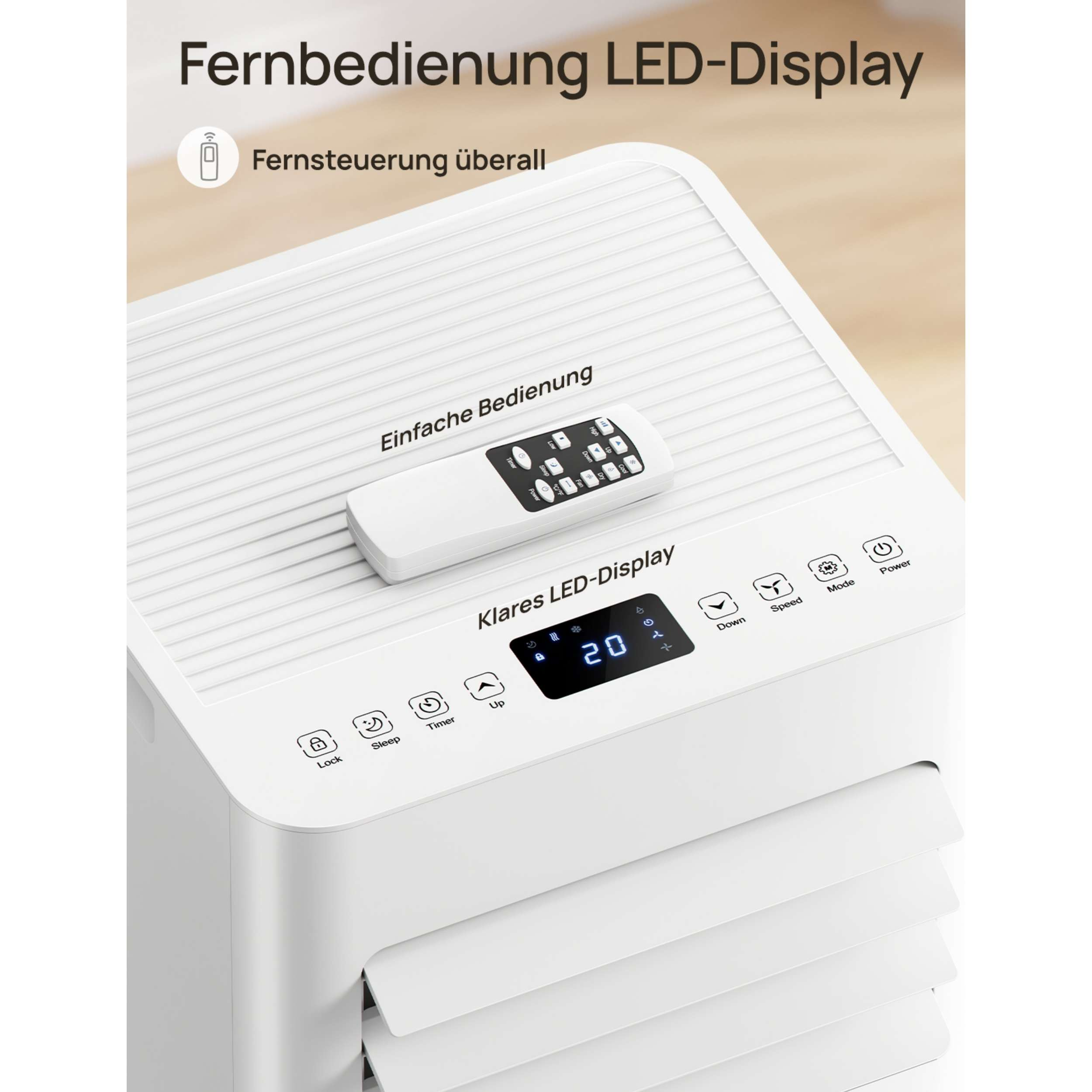 Weiße Klimaanlage mit Fernbedienung und LED-Display, das 20°C anzeigt.
