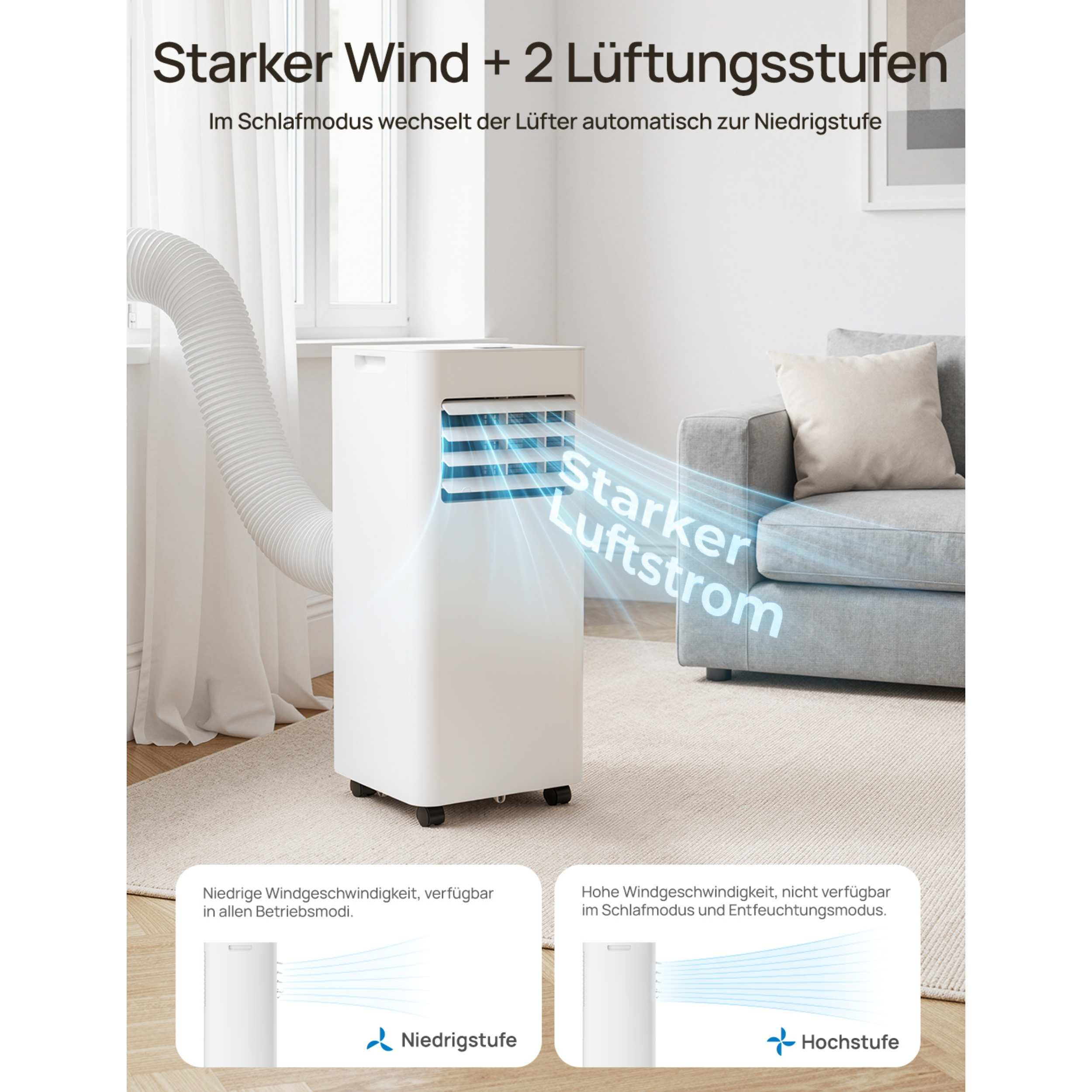 Ein weißer mobiler Klimaanlage mit Schlauch im Wohnzimmer auf einem Teppich.