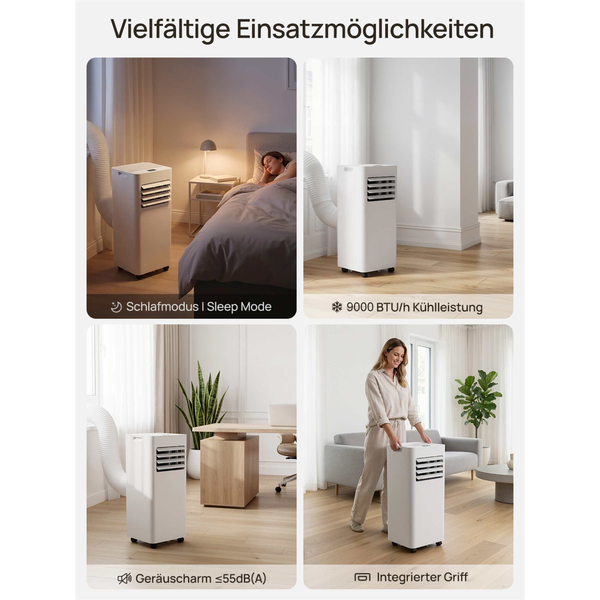 Vier Bilder zeigen einen weißen mobilen Klimaanlage in verschiedenen Szenarien.