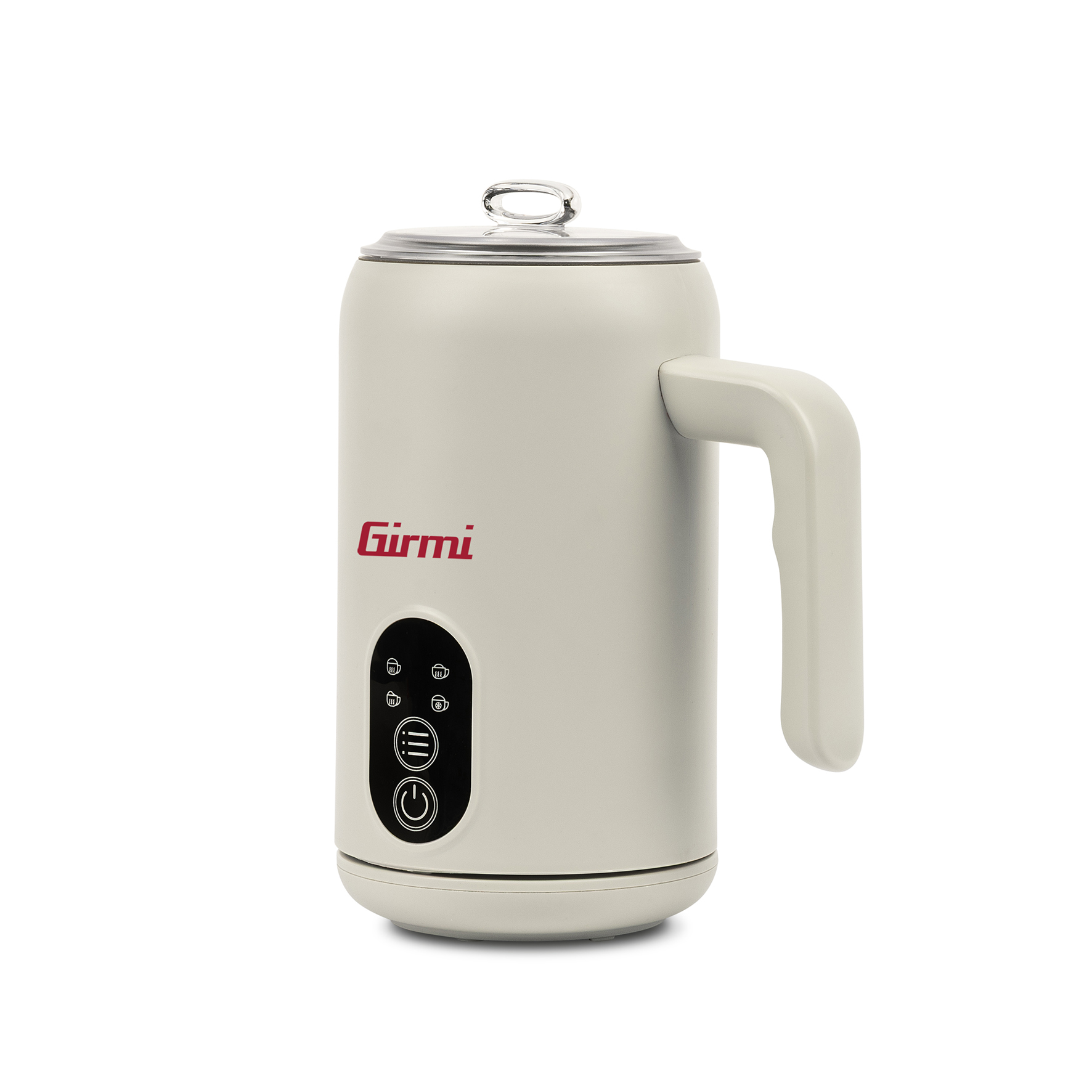 Ein cremefarbener Wasserkocher mit Griff und silbernem Deckel, mit Bedienelementen.