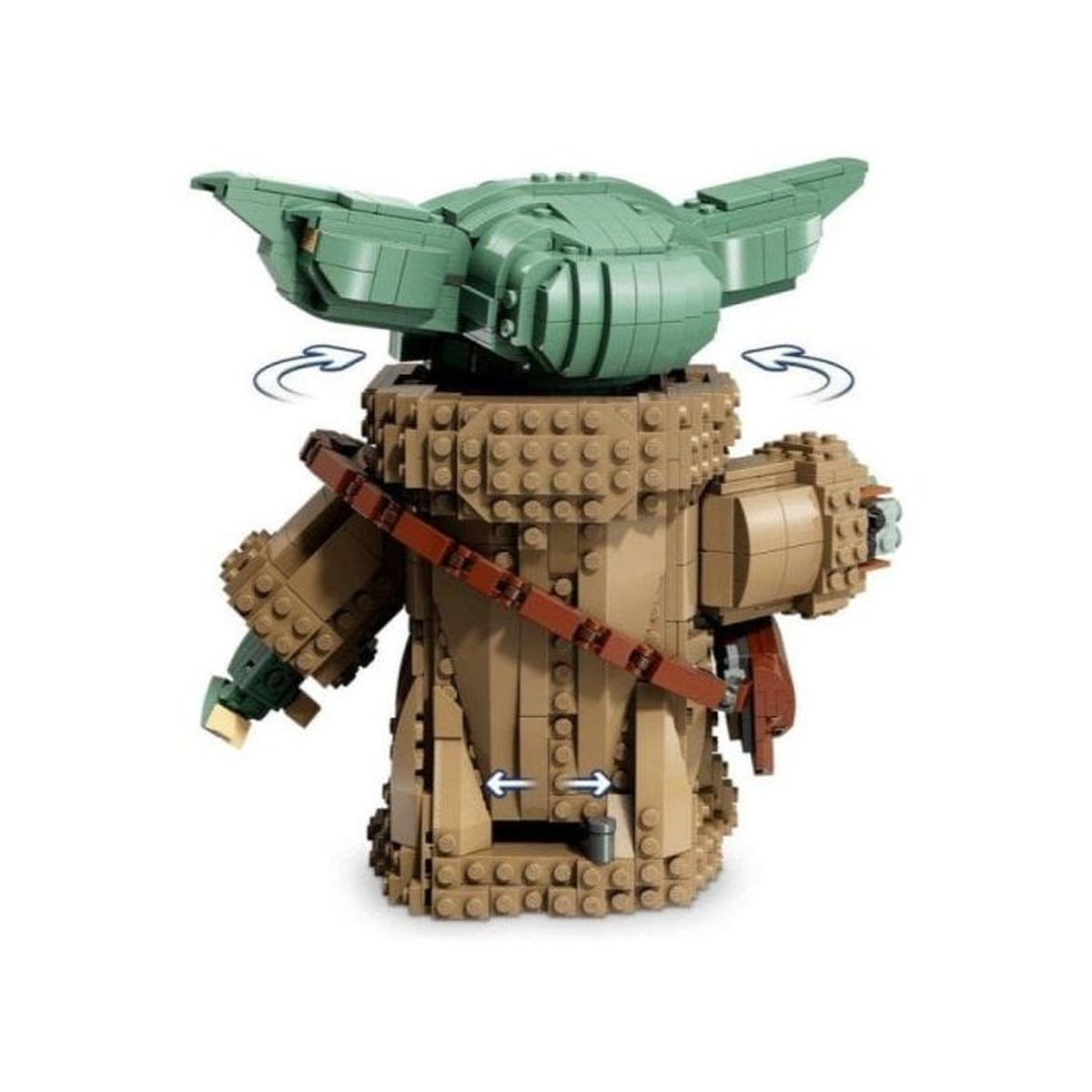 Un modello Lego di Baby Yoda in veste marrone con orecchie verdi, su sfondo bianco.