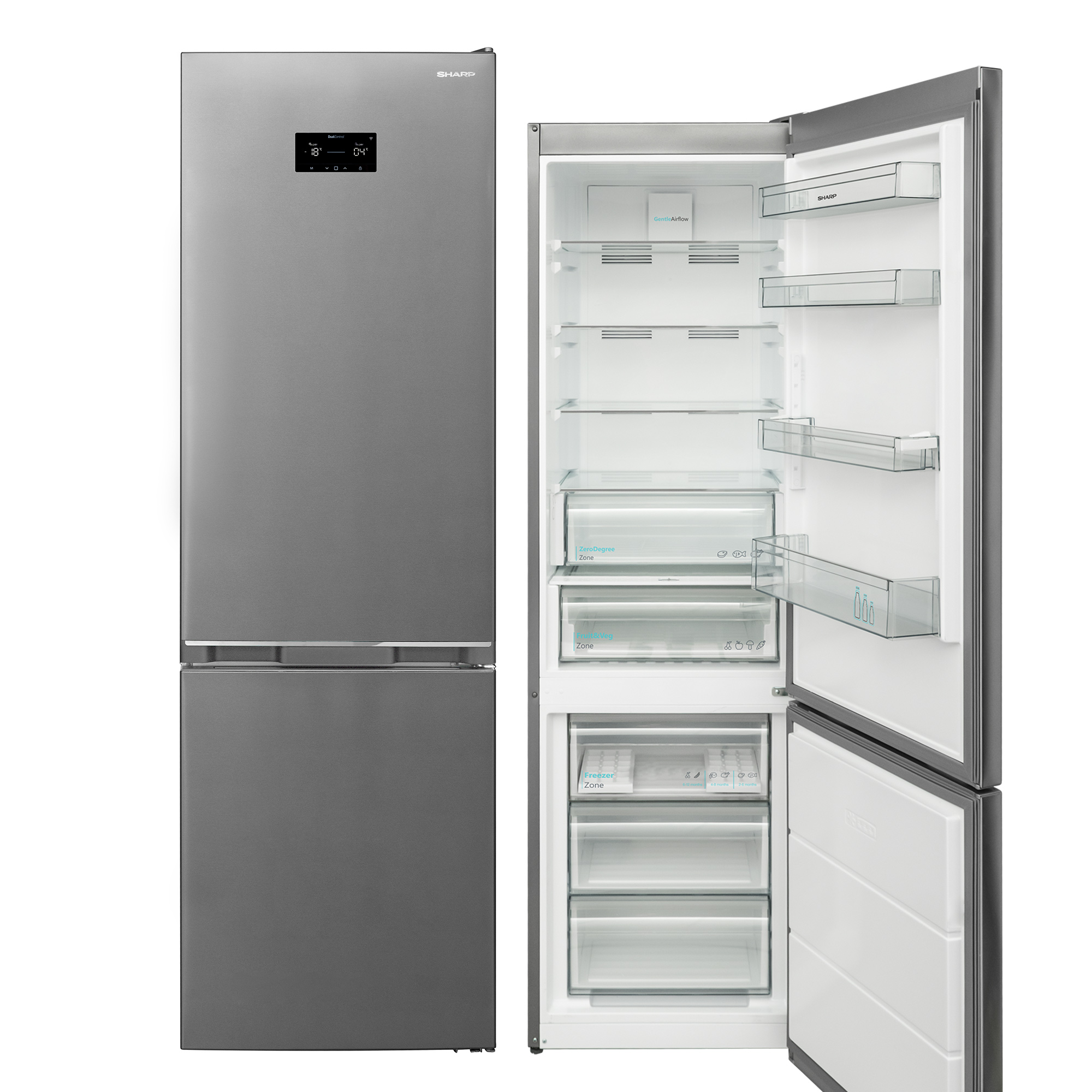 Ein silberner Kühlschrank mit geöffneter Tür, der Innenfächer zeigt.