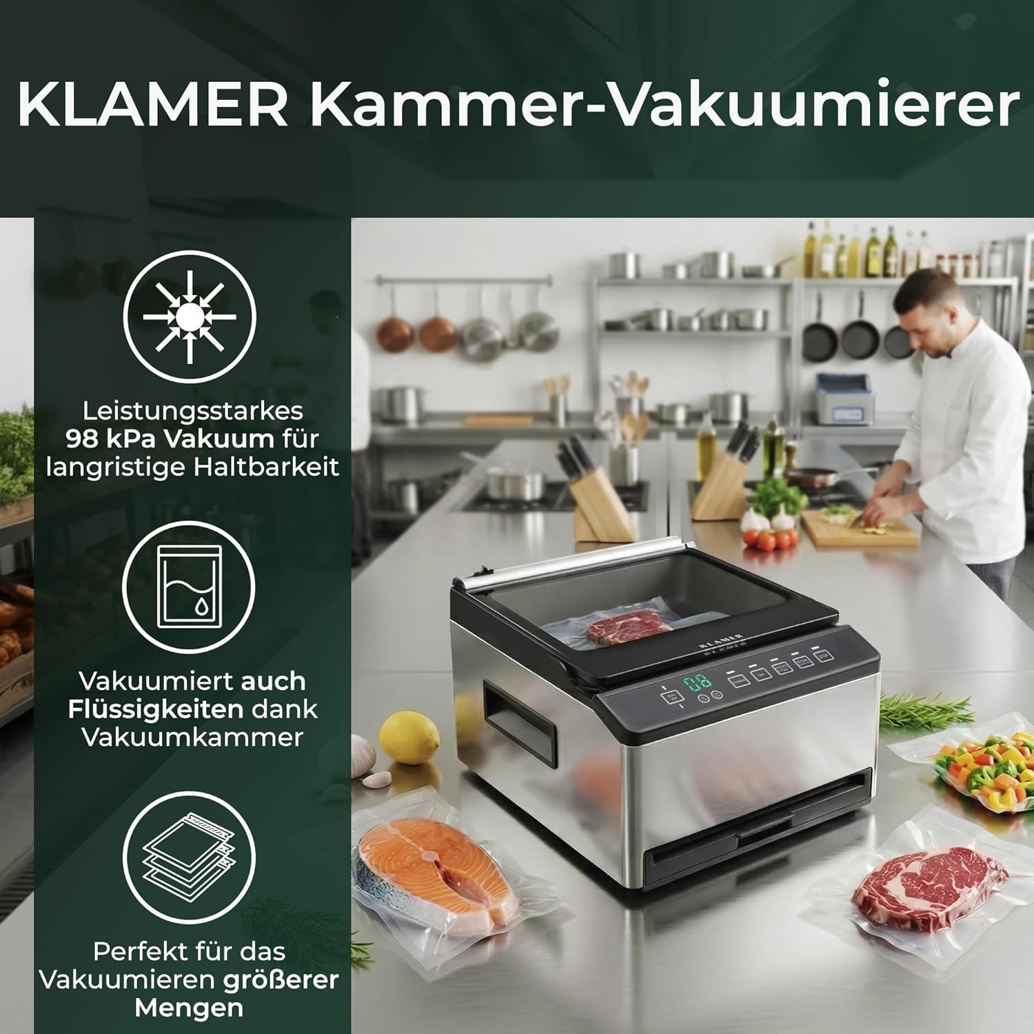 KLAMER Kammer-Vakuumierer mit Fleisch, Fisch und Gemüse im Vakuum.