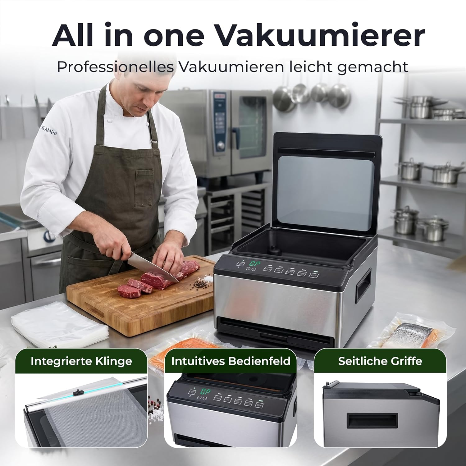 Koch schneidet Fleisch neben Vakuumierer mit integrierter Klinge, Bedienfeld und Griffen.