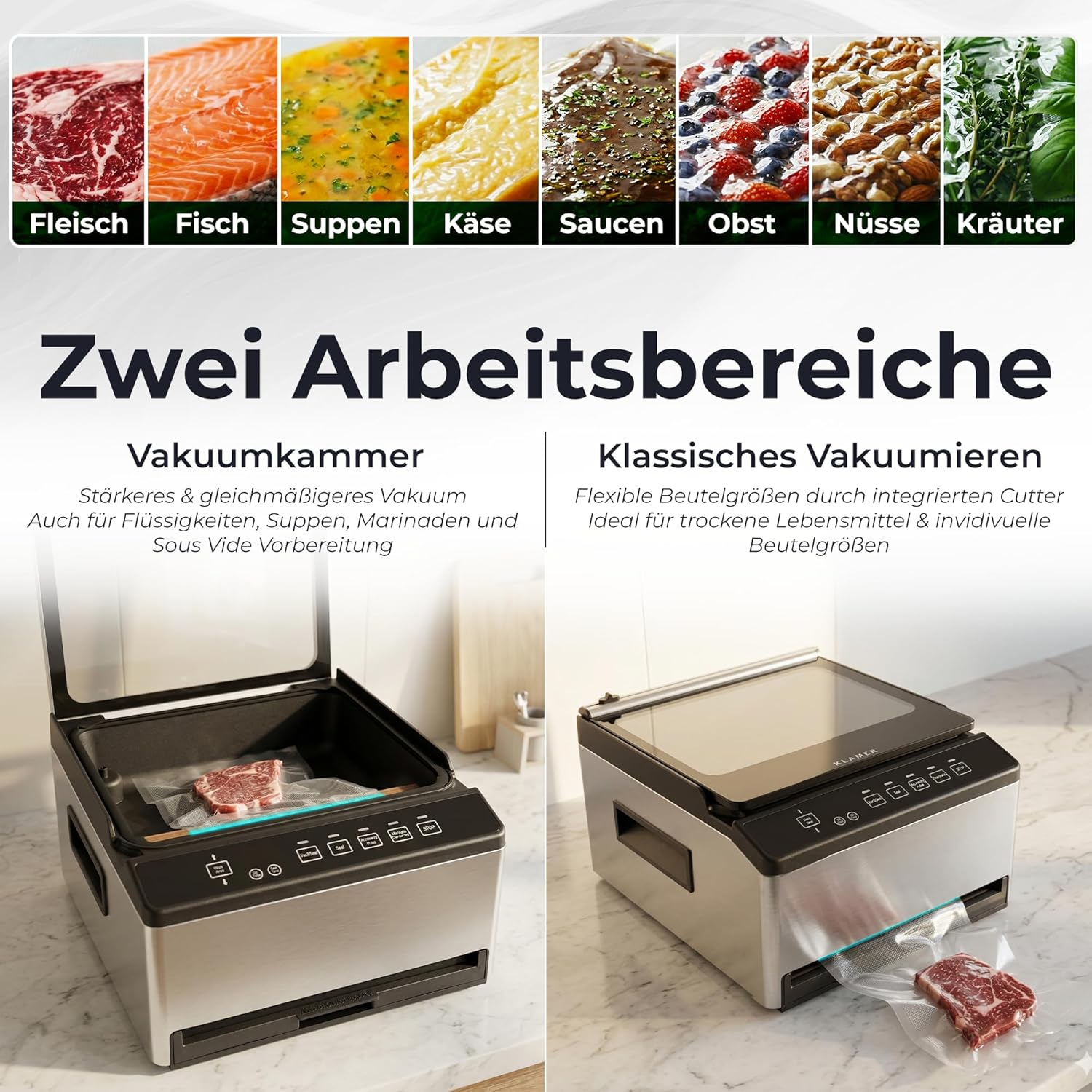 Zwei Vakuumiergeräte: Kammergerät und klassisches Gerät. Zeigt Lebensmittel an.