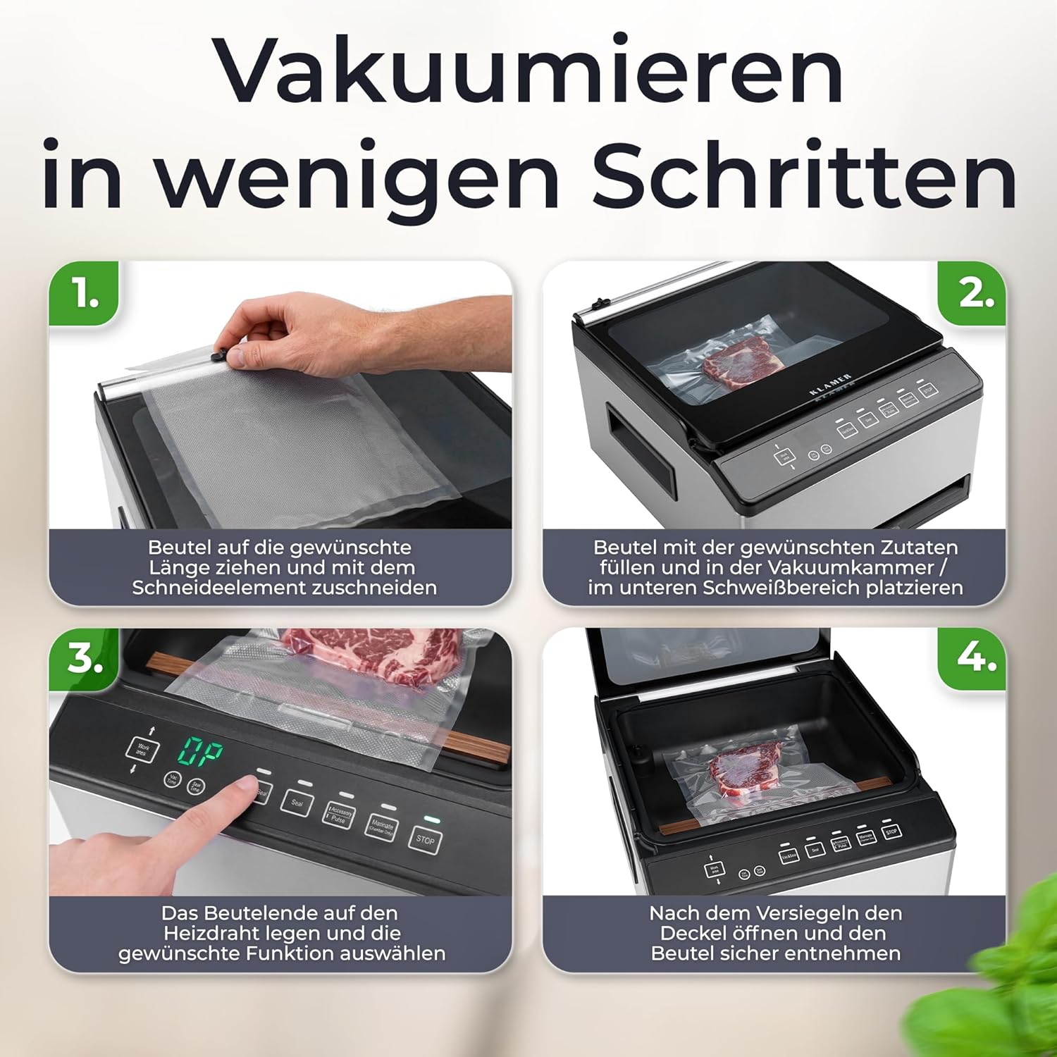 Vakuumiergerät in vier Schritten: Beutel schneiden, füllen, versiegeln und entnehmen.