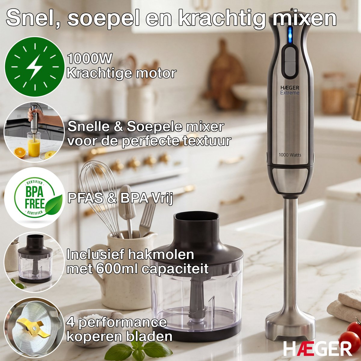 RVS staafmixer met accessoires: 1000W motor, 600ml hakmolen.