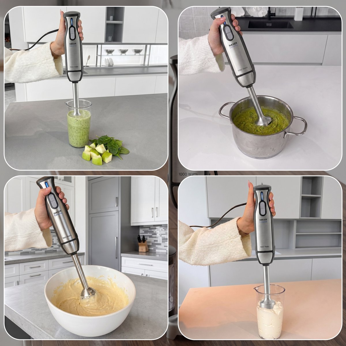 Staafmixer mixt groene smoothie, soep, beslag en room in keukens.