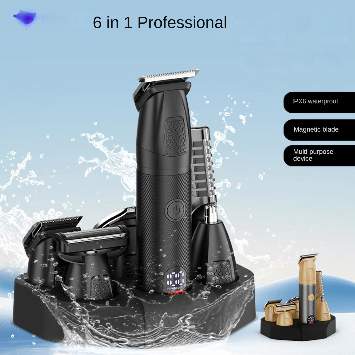 Ein 6-in-1-Trimmer-Set mit schwarzem Hauptgerät, Zubehör und Ladebasis.