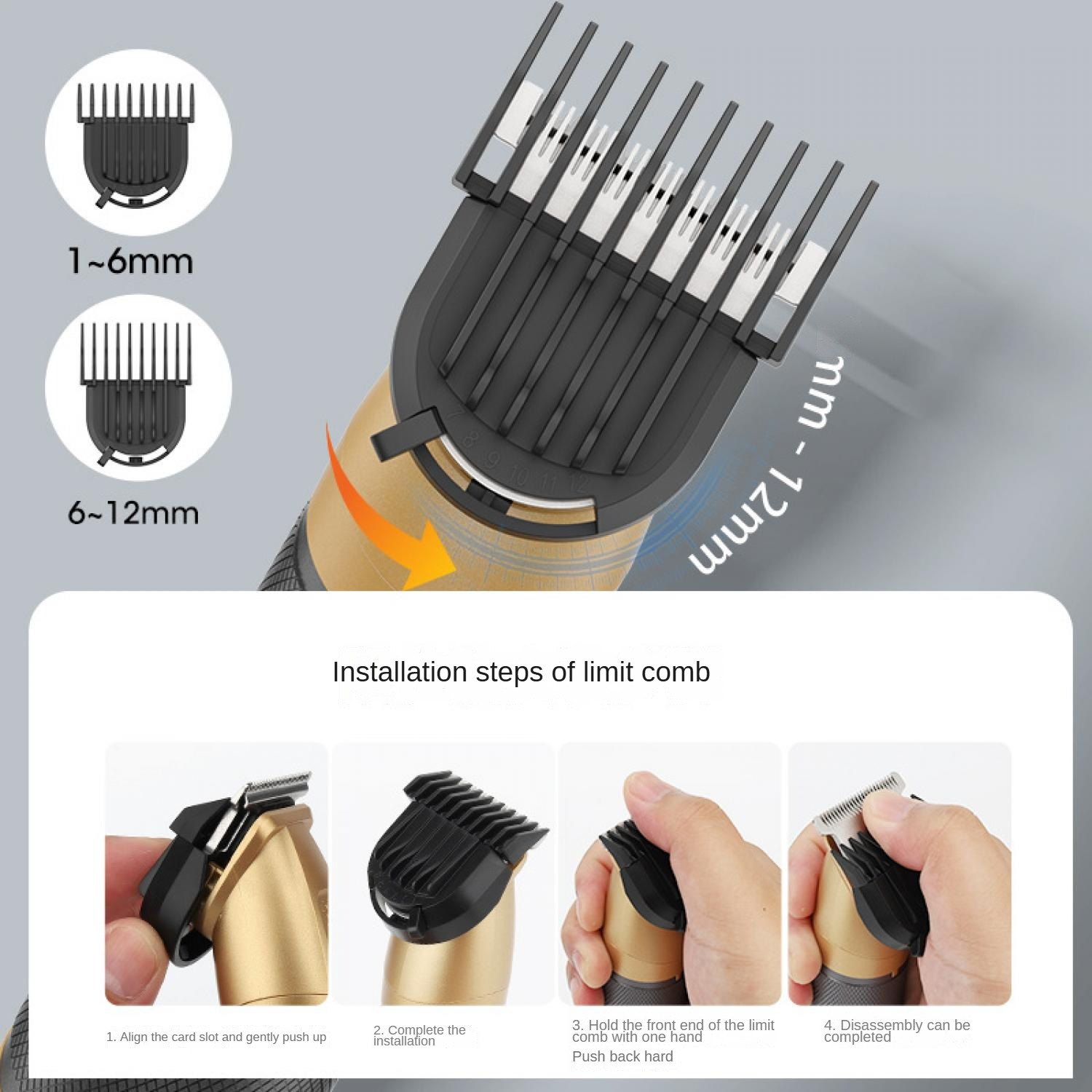 Installationsschritte für den Aufsteckkamm: 1-6mm und 6-12mm. Zeigt das Anbringen und Entfernen.