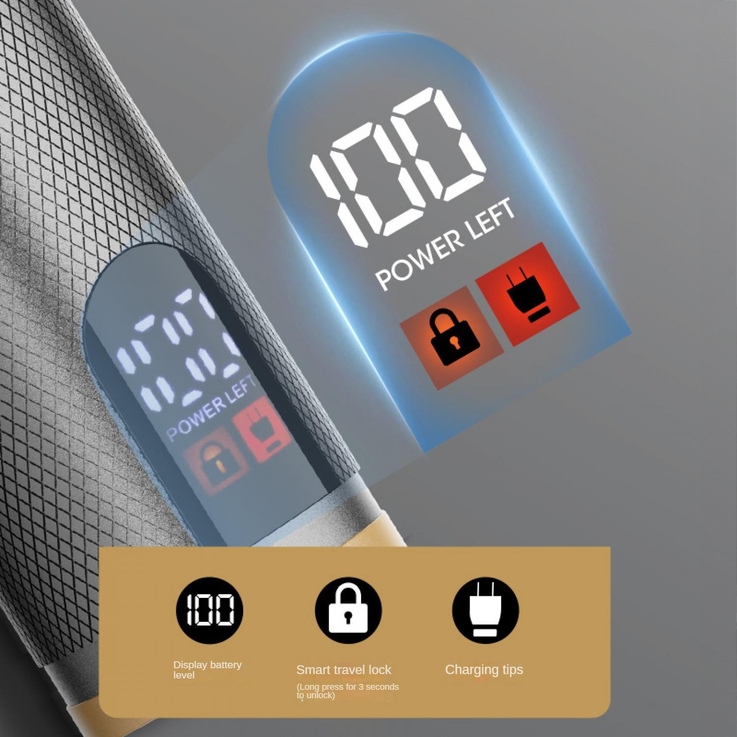 Digitalanzeigen zeigen 100% Akkustand, ein Schloss-Symbol und ein Steckersymbol.