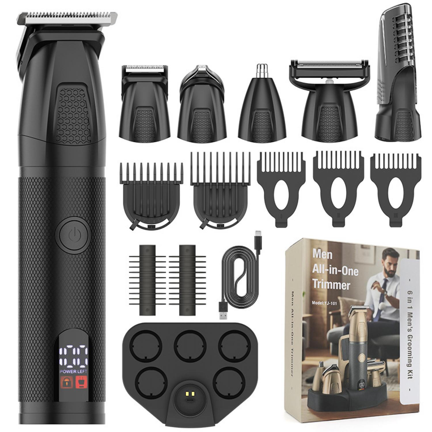Ein schwarzer Herren-Trimmer mit Zubehör und Verpackung.