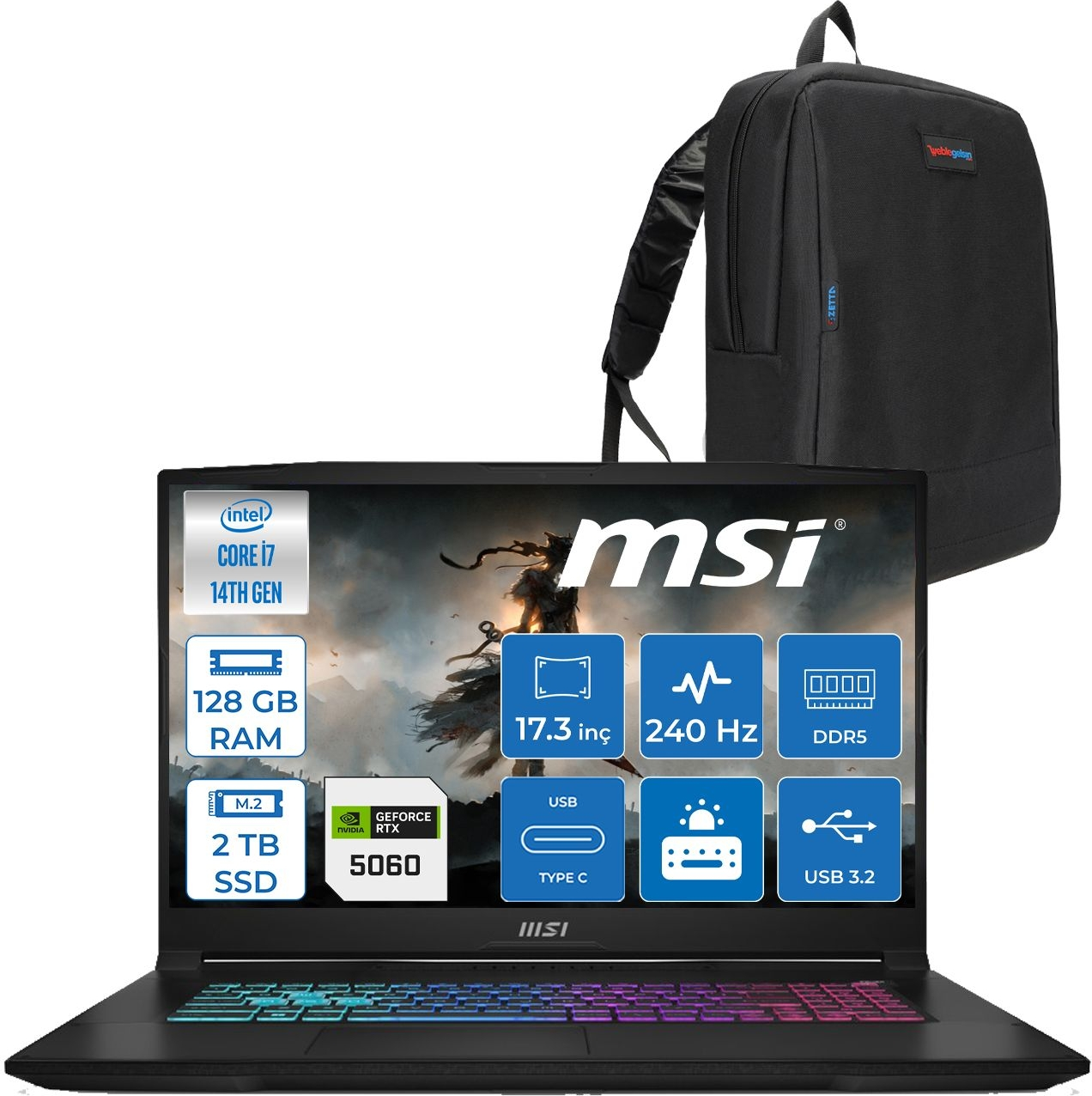 Intel Core i7, 128 GB RAM, 2 TB SSD, 17,3 inç, 240 Hz işlemcili siyah MSI oyuncu dizüstü bilgisayarı ve siyah sırt çantası.