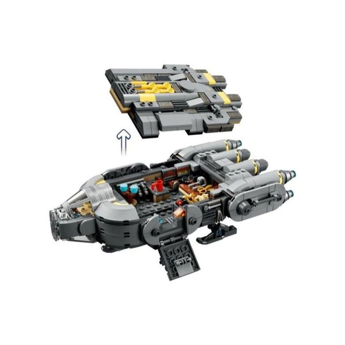 Gri ve sarı Lego uzay gemisi modeli, kokpit ve detaylı iç kısım ile.