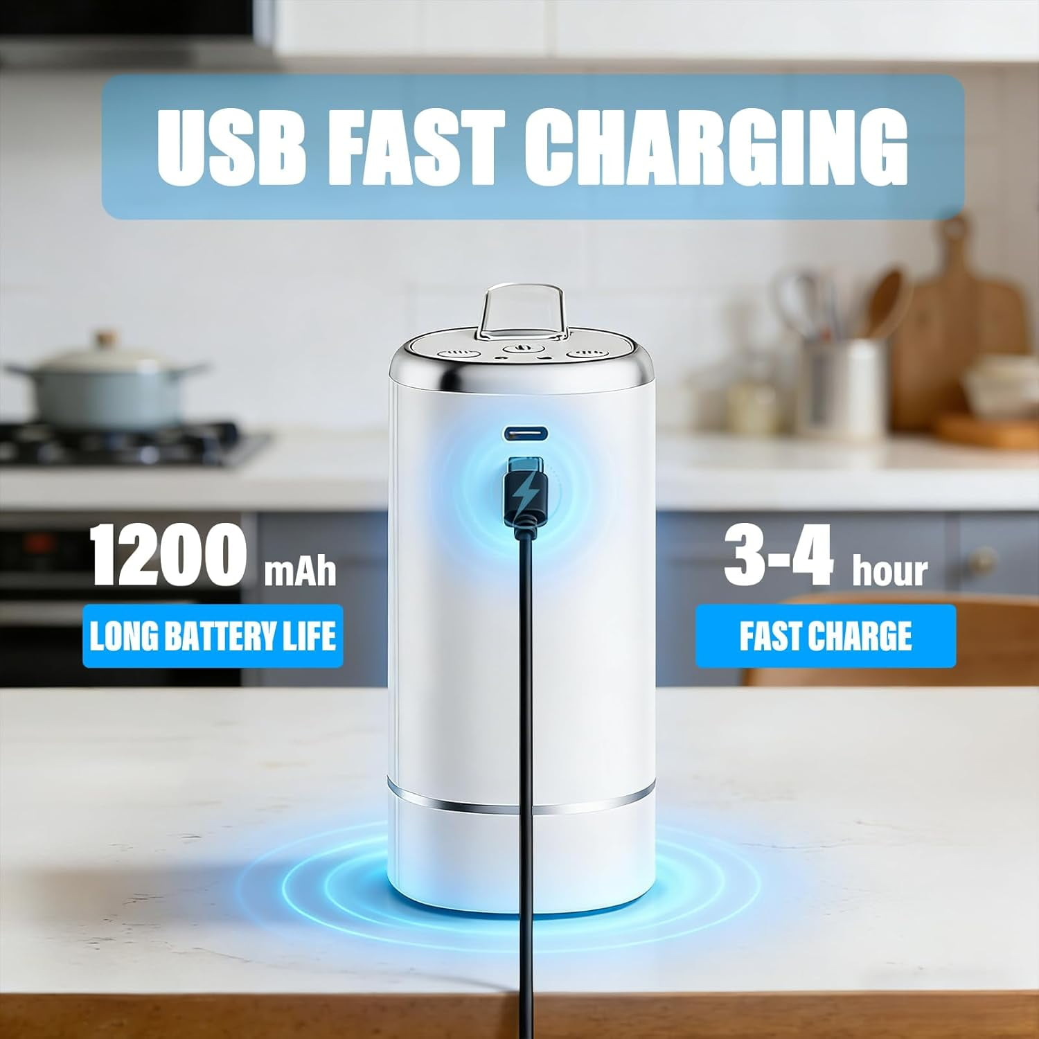 Weiße Ladestation mit USB-Kabel, 1200 mAh, 3-4 Std. Ladezeit.