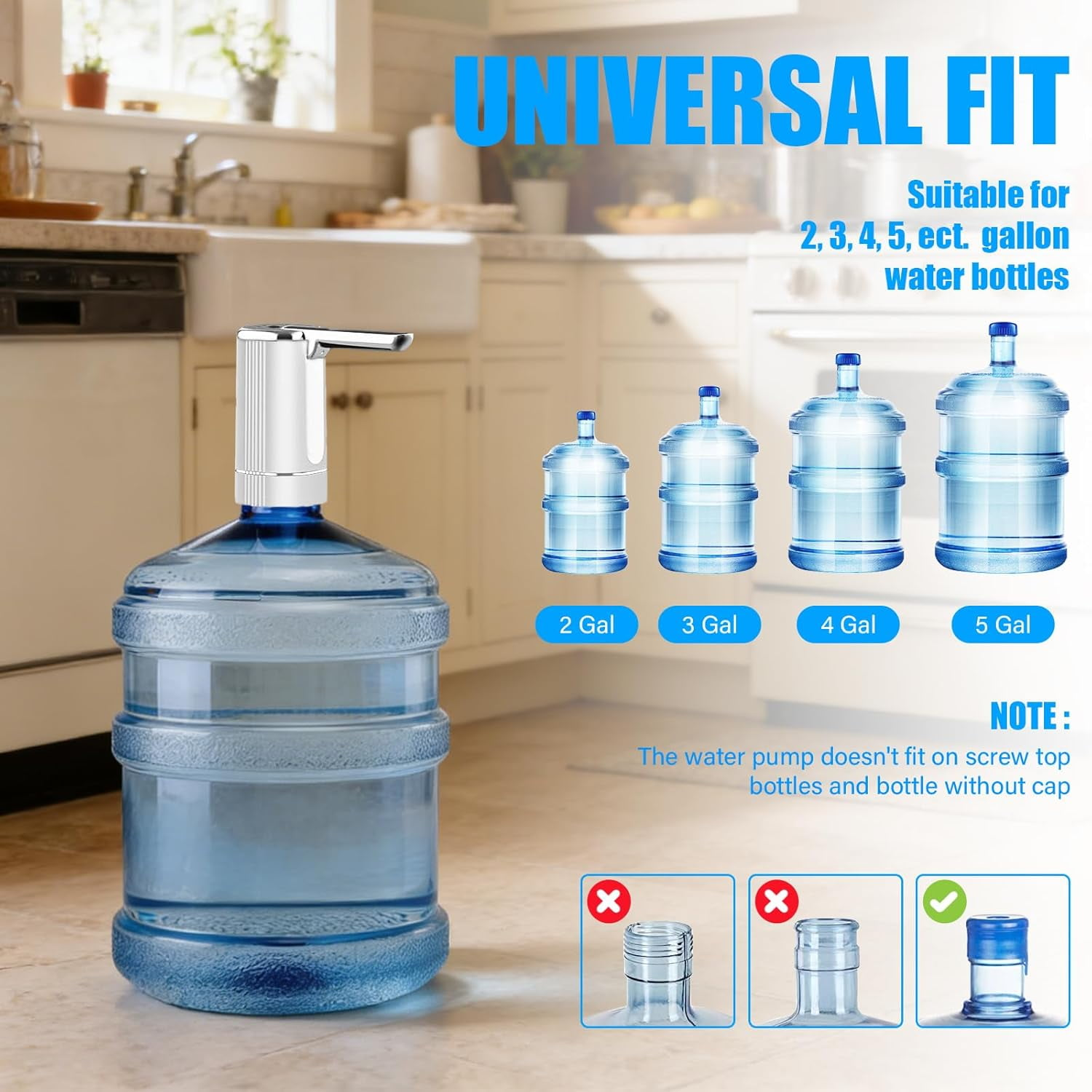 Ein Wasserspender mit Pumpe auf einem 5-Gallonen-Behälter, daneben 2, 3, 4, 5-Gallonen-Flaschen.