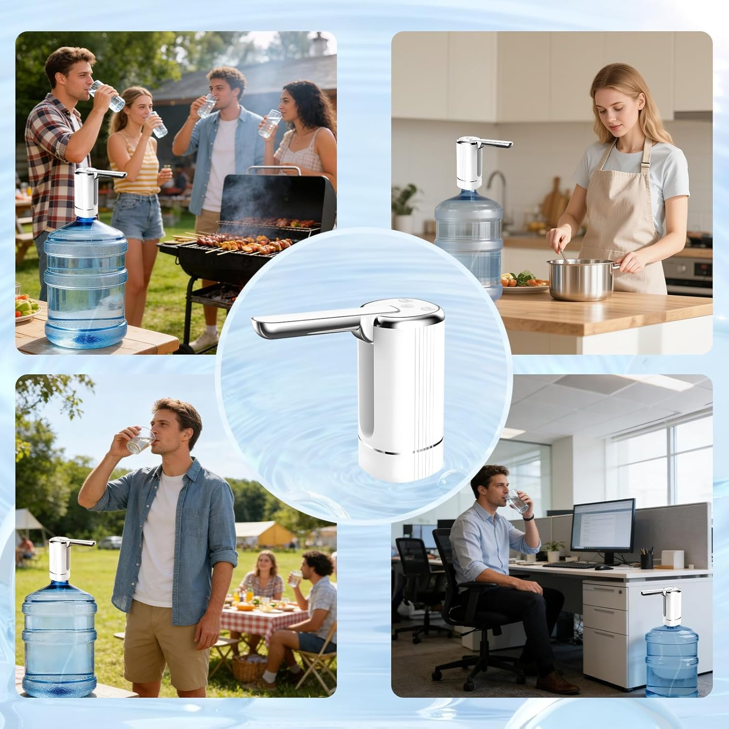 Ein Wasserspender in verschiedenen Szenarien: Grillen, Kochen, Picknick, Büro.
