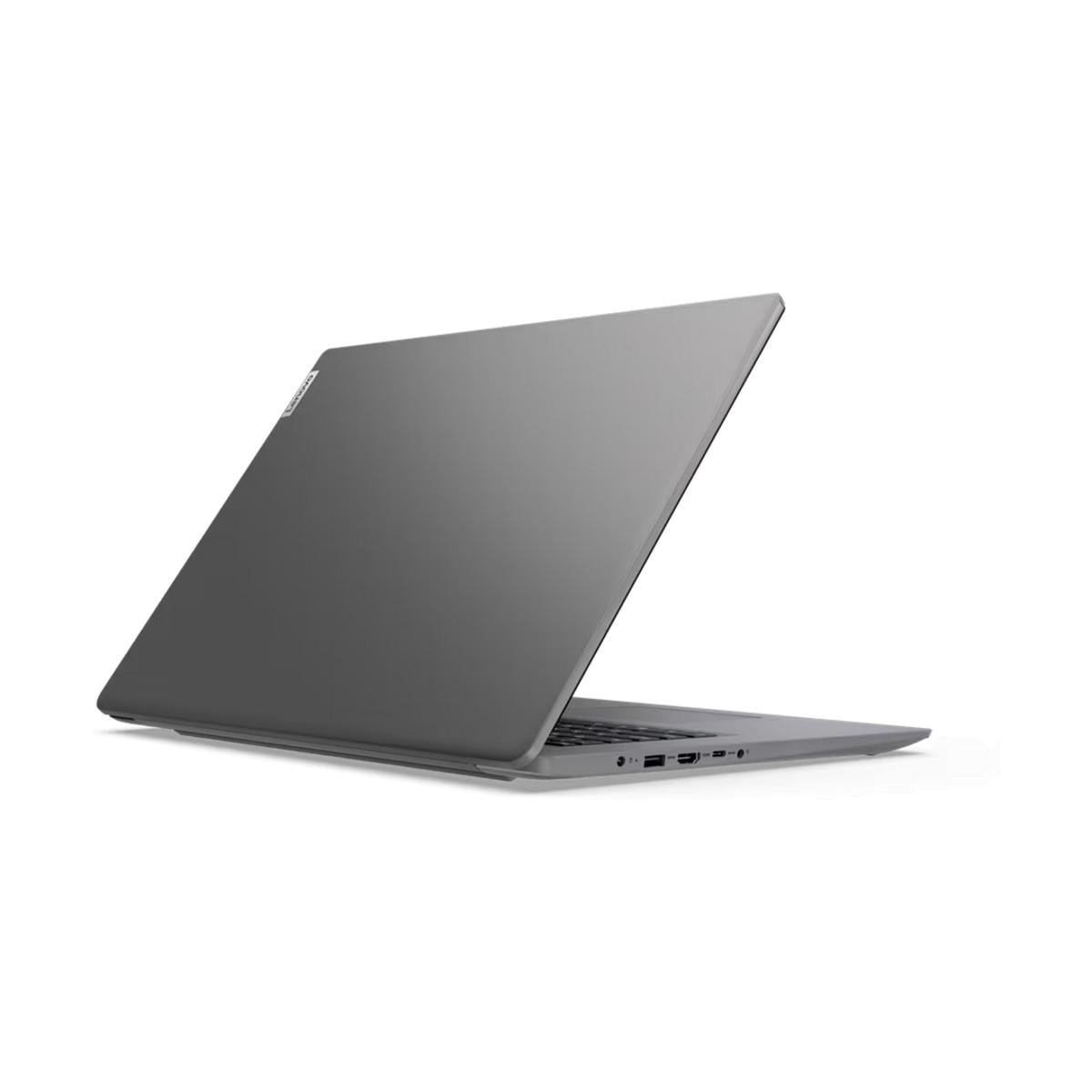 Ein graues Lenovo-Laptop ist geöffnet und zeigt Anschlüsse an der Seite. Weißer Hintergrund.