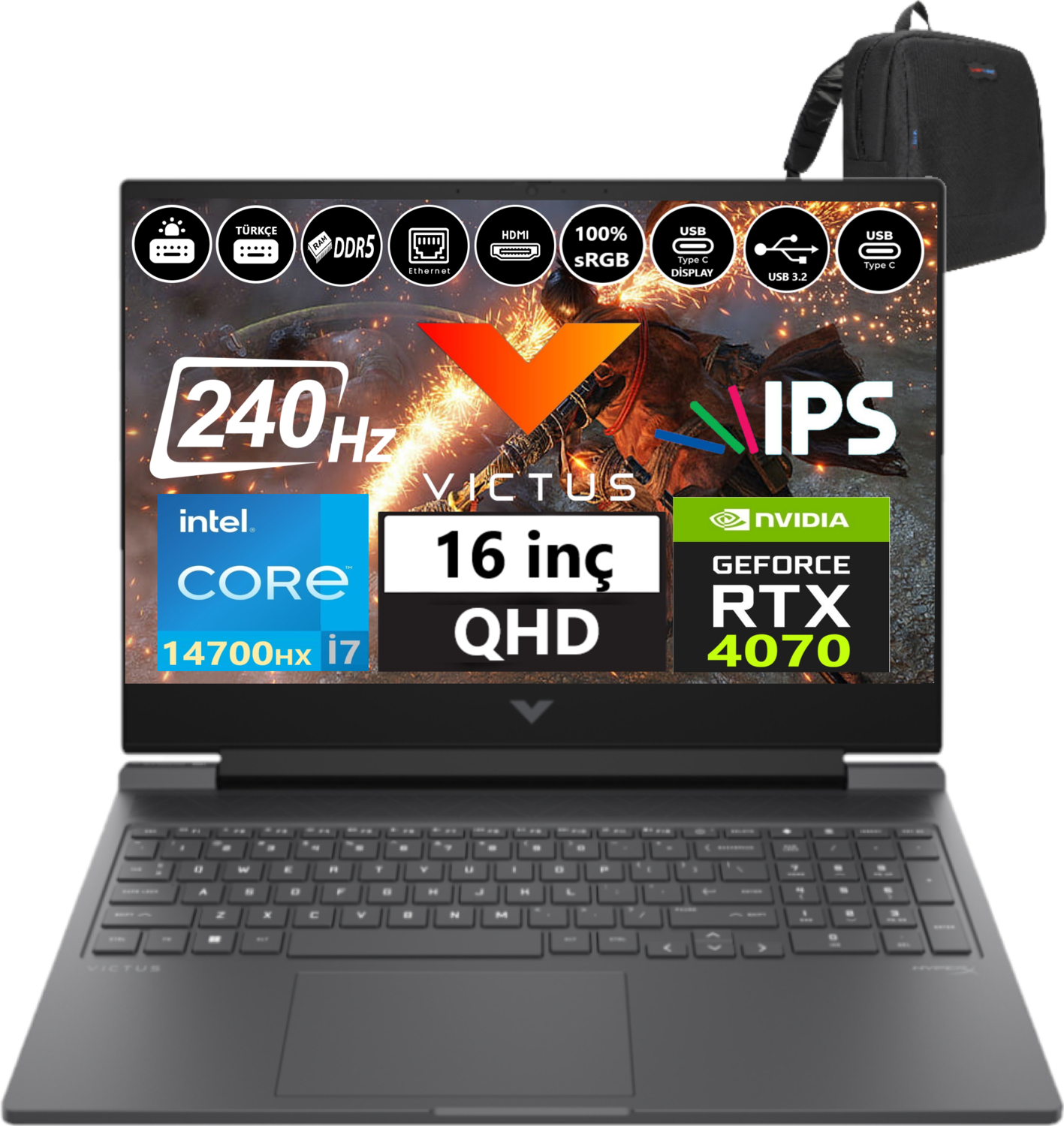 HP Victus 16 8 GB RTX4070 240 Hz QHD 3 ms 300NİTS 99J1K2EA10 Intel Core i7-14700HX 48 GB RAM 1 TB SSD 16,1 inç FreeDOS Laptop+Çanta Siyah