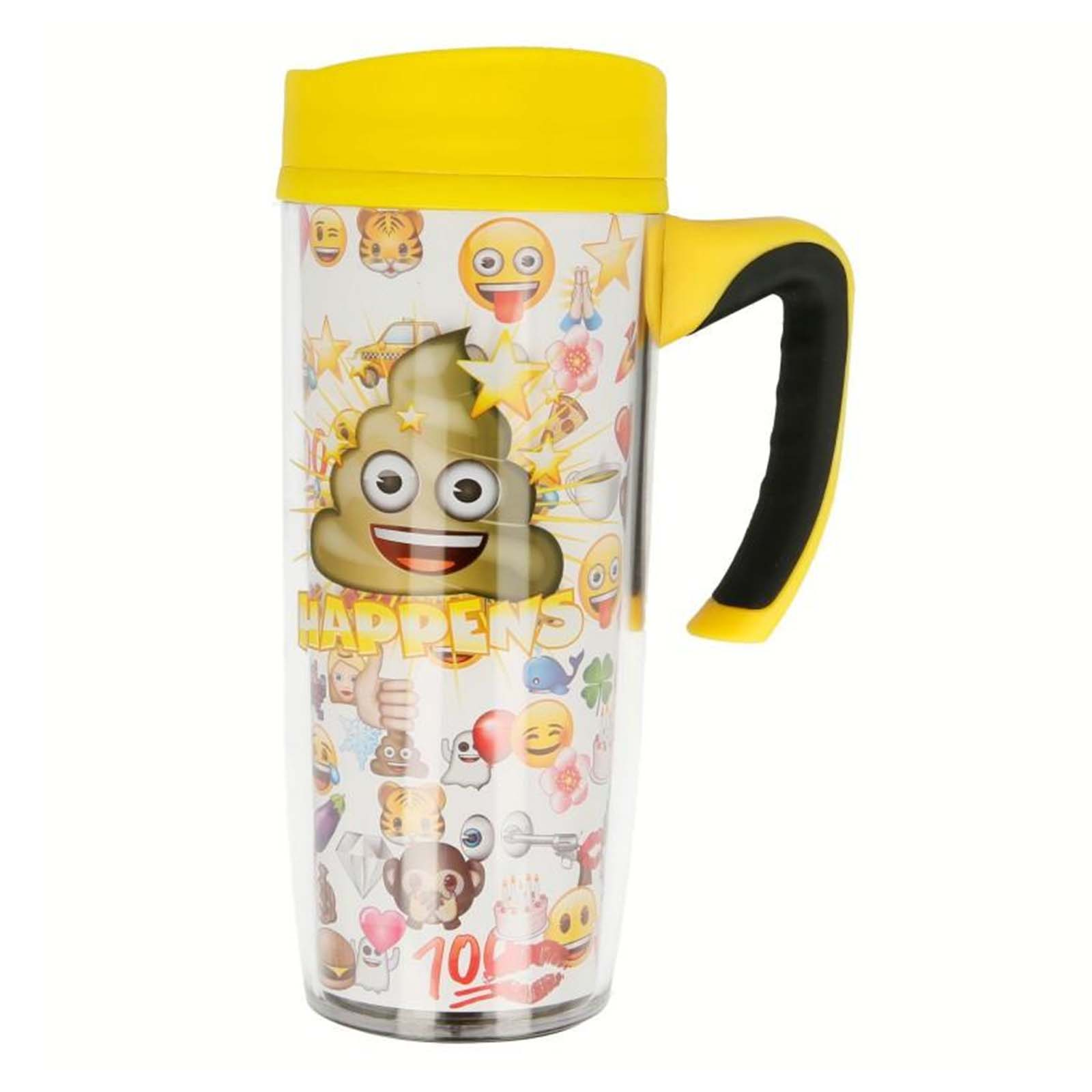 Un bicchiere con coperchio giallo, decorato con emoji come cacca e 100.