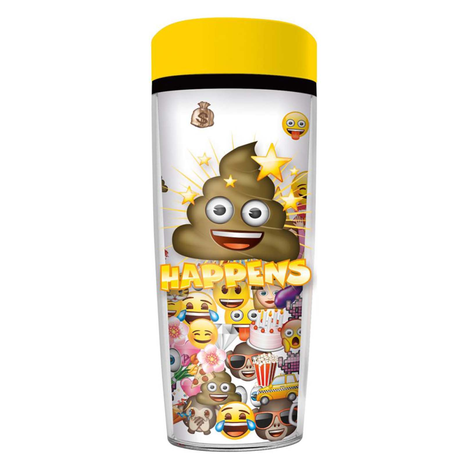 Tazza gialla con varie emoji, tra cui un emoji cacca, con "HAPPENS".