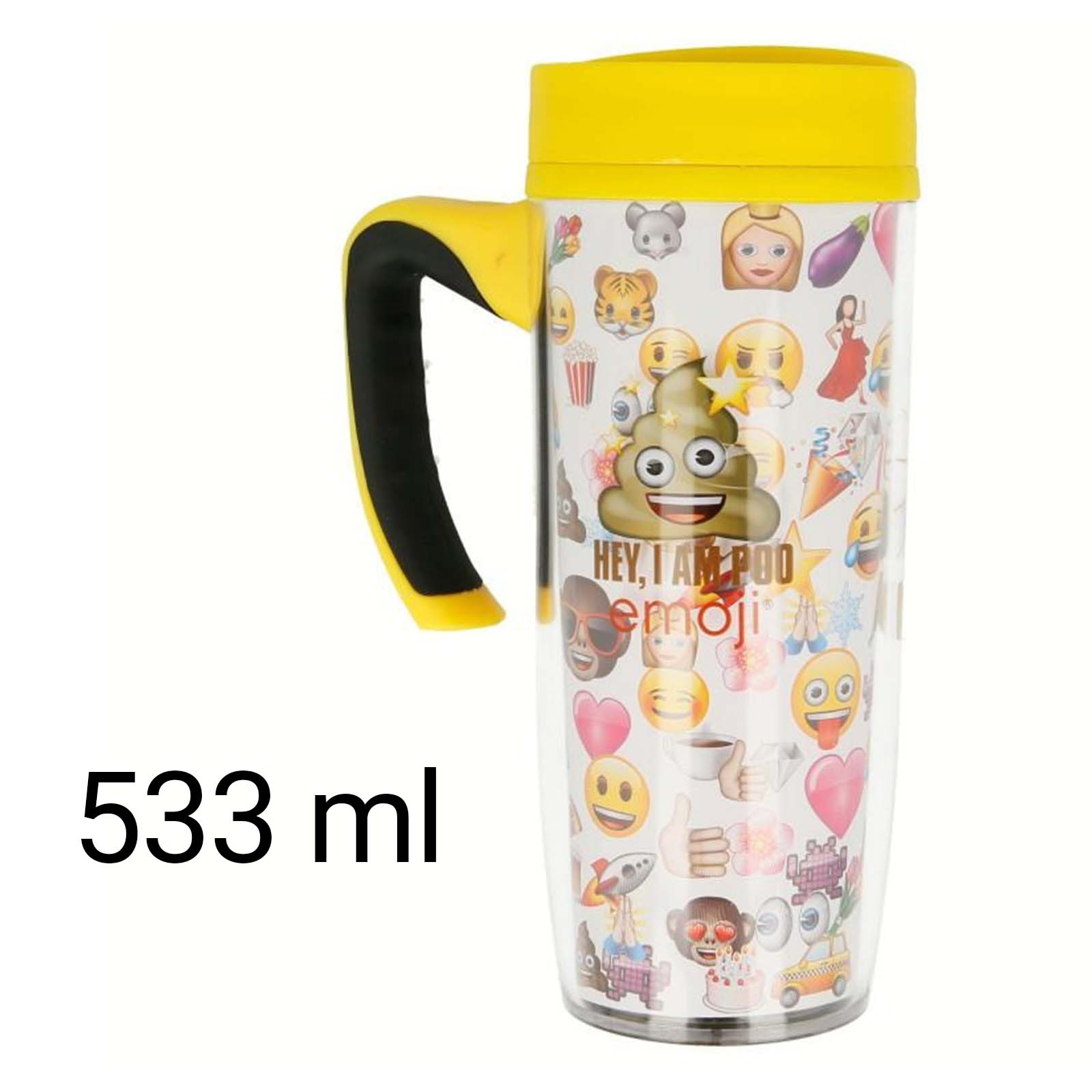 Un bicchiere di plastica trasparente con coperchio e manico gialli, coperto di emoji.