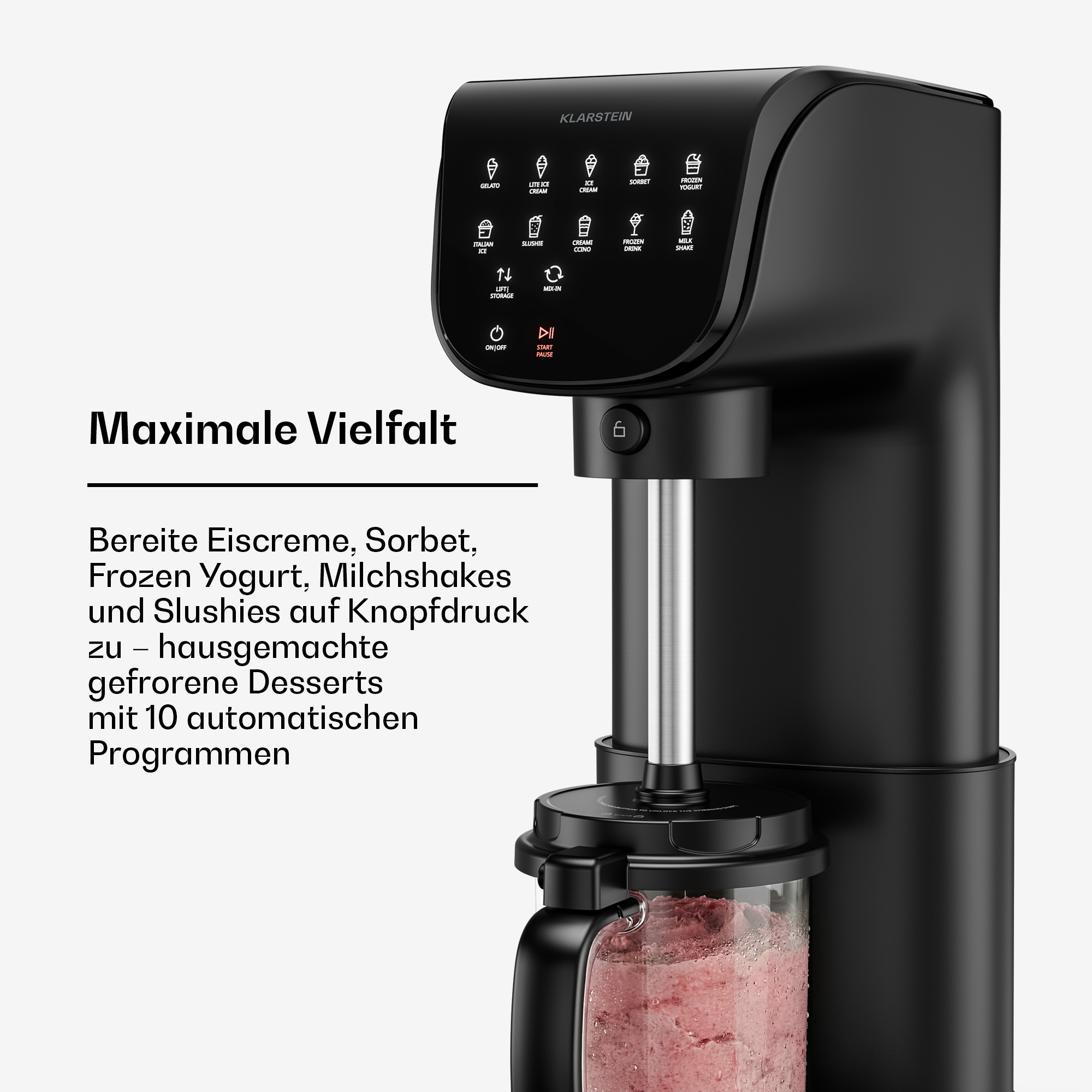 Schwarze Eismaschine mit Touchscreen-Bedienfeld und Glasbehälter mit Eiscreme.