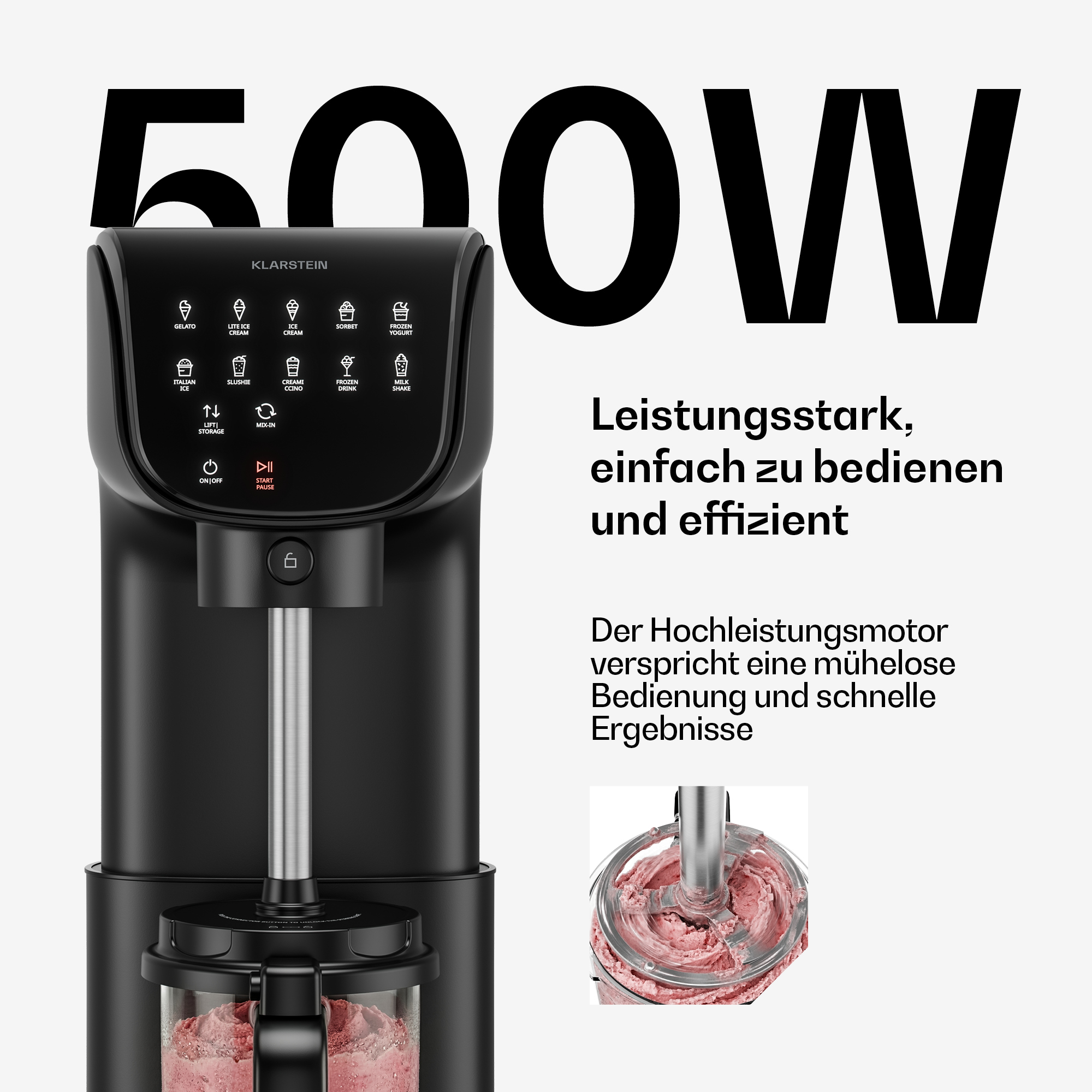 Ein schwarzer Klarstein Eismaschine mit verschiedenen Modi.