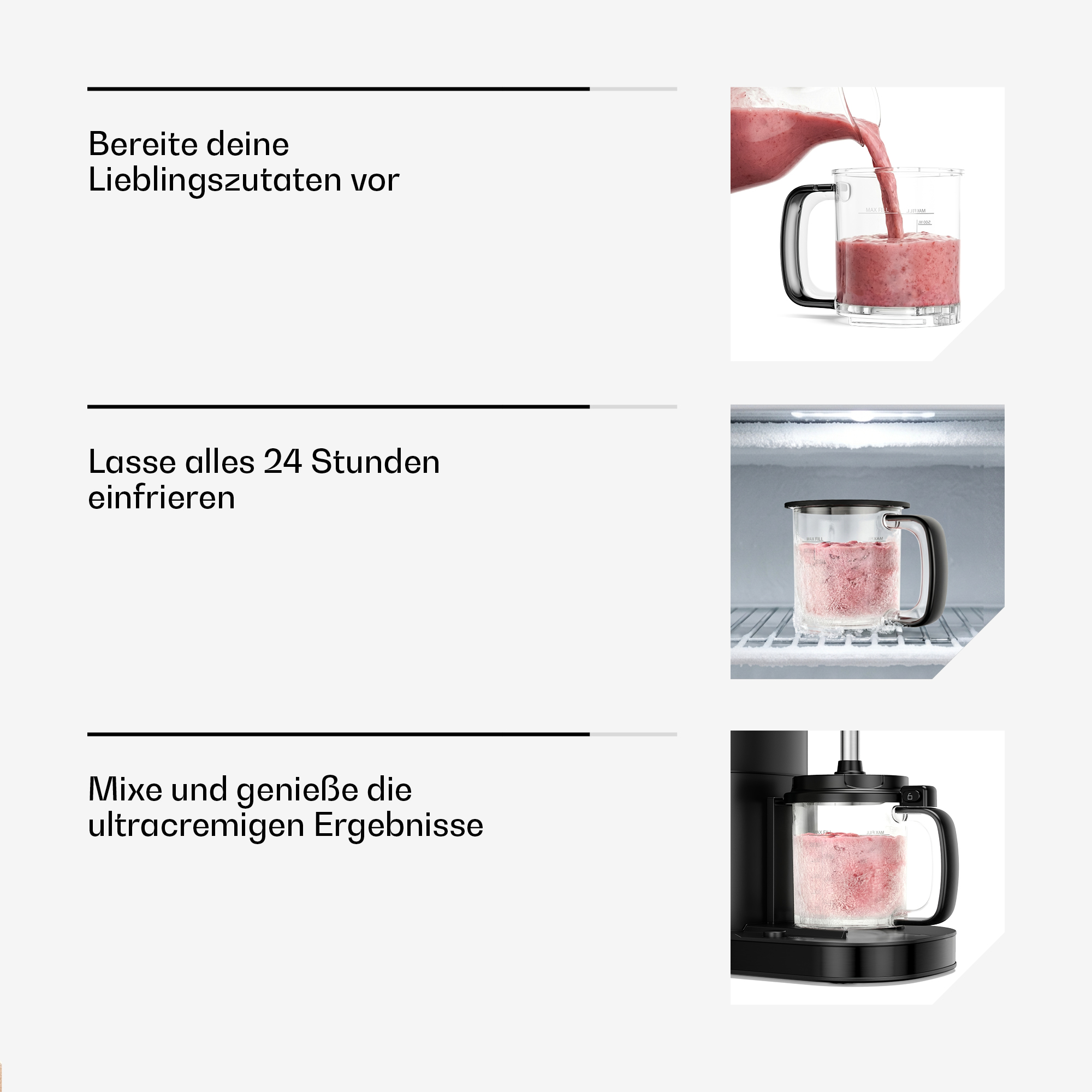 Ein Glas mit gefrorenen Früchten wird in einen Mixer gegeben.