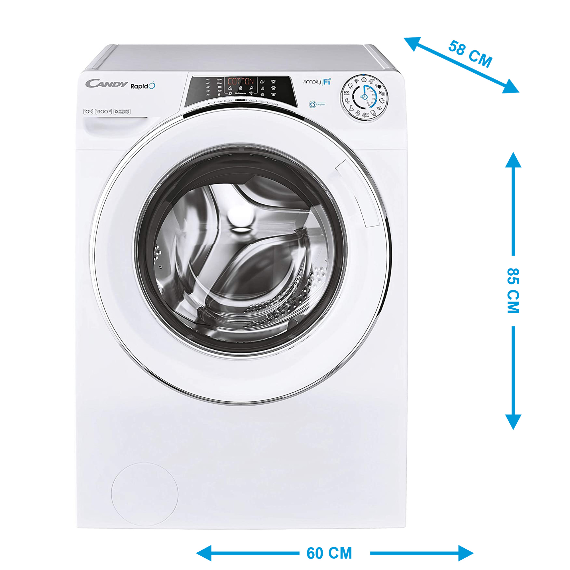 Lavadora blanca Candy de carga frontal, dimensiones 85x60x58 cm.