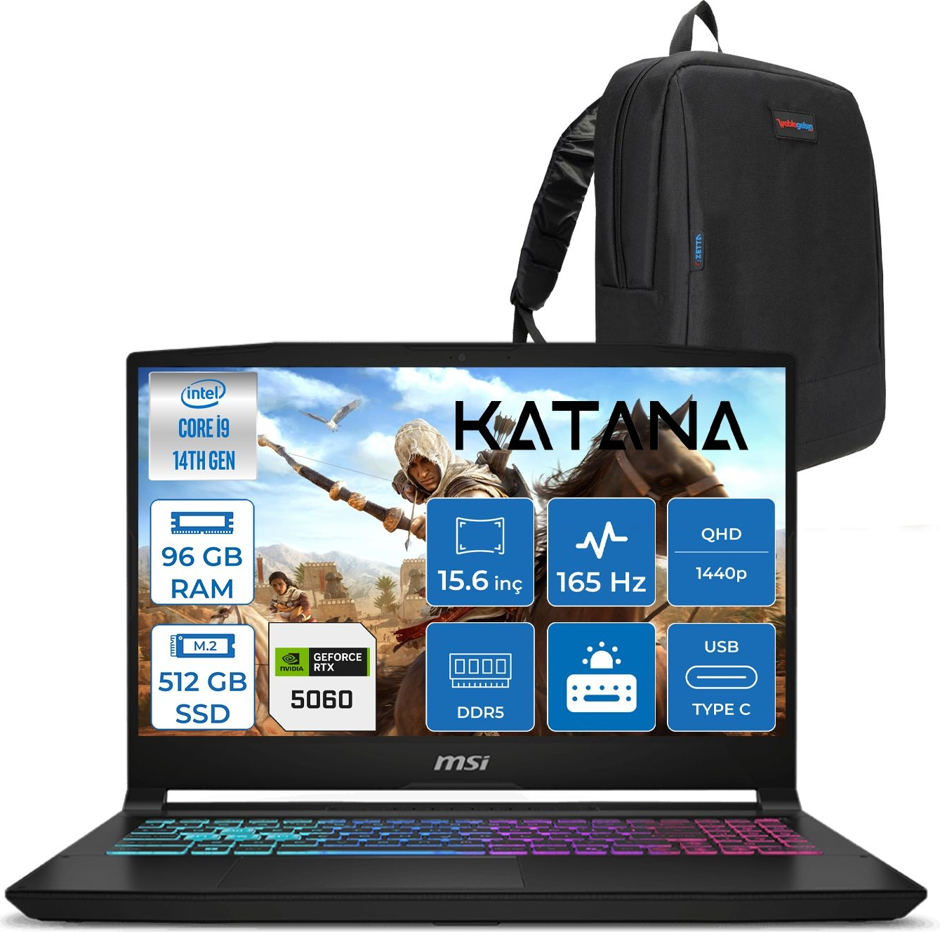 Intel Core i9, 96 GB RAM, 512 GB SSD'li siyah MSI dizüstü bilgisayarın üzerinde siyah sırt çantası.