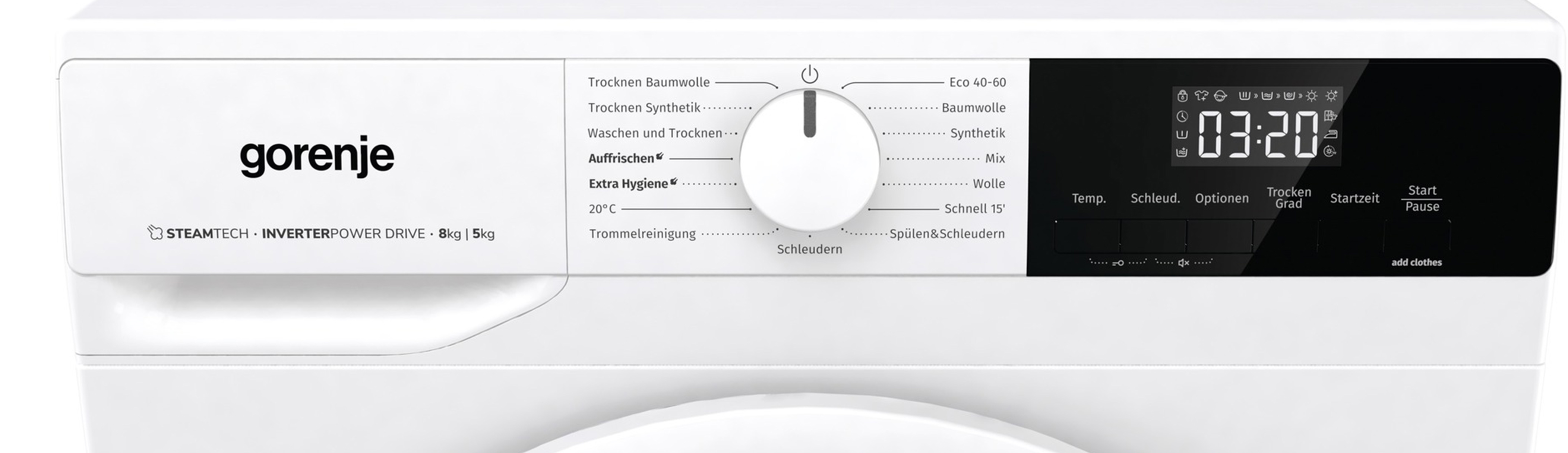 Bedienfeld einer weißen Waschmaschine mit Drehknopf und Digitalanzeige.