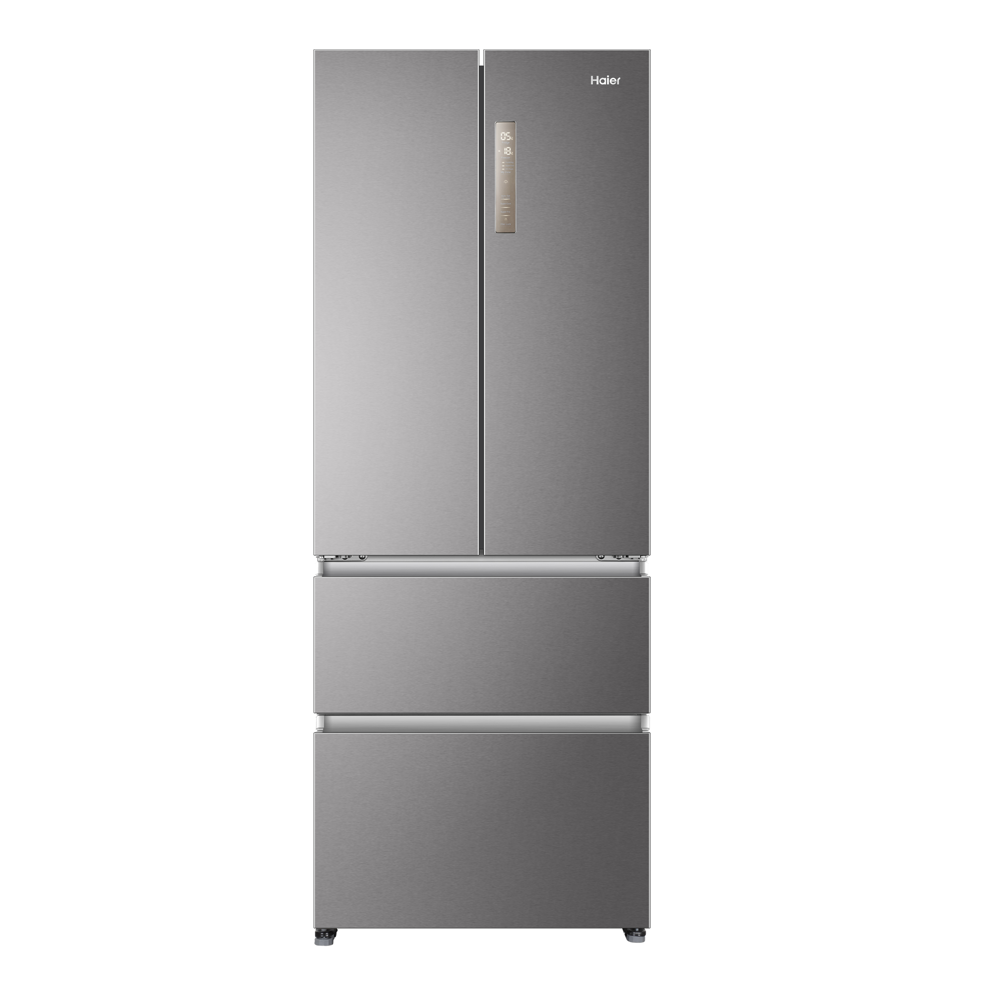 Un frigorifero Haier argentato a tre porte con display digitale.