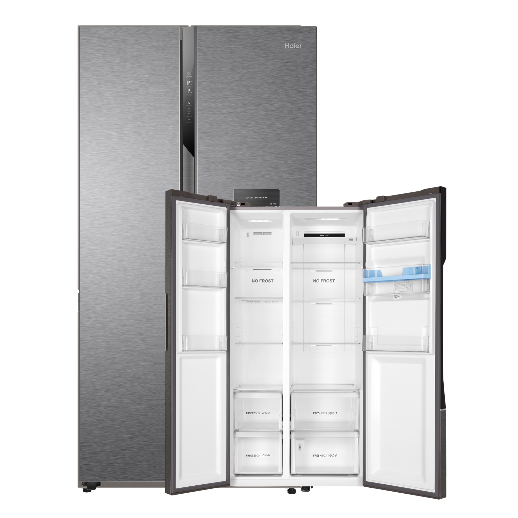 Refrigerador plateado Haier de doble puerta, una abierta, mostrando compartimentos interiores.