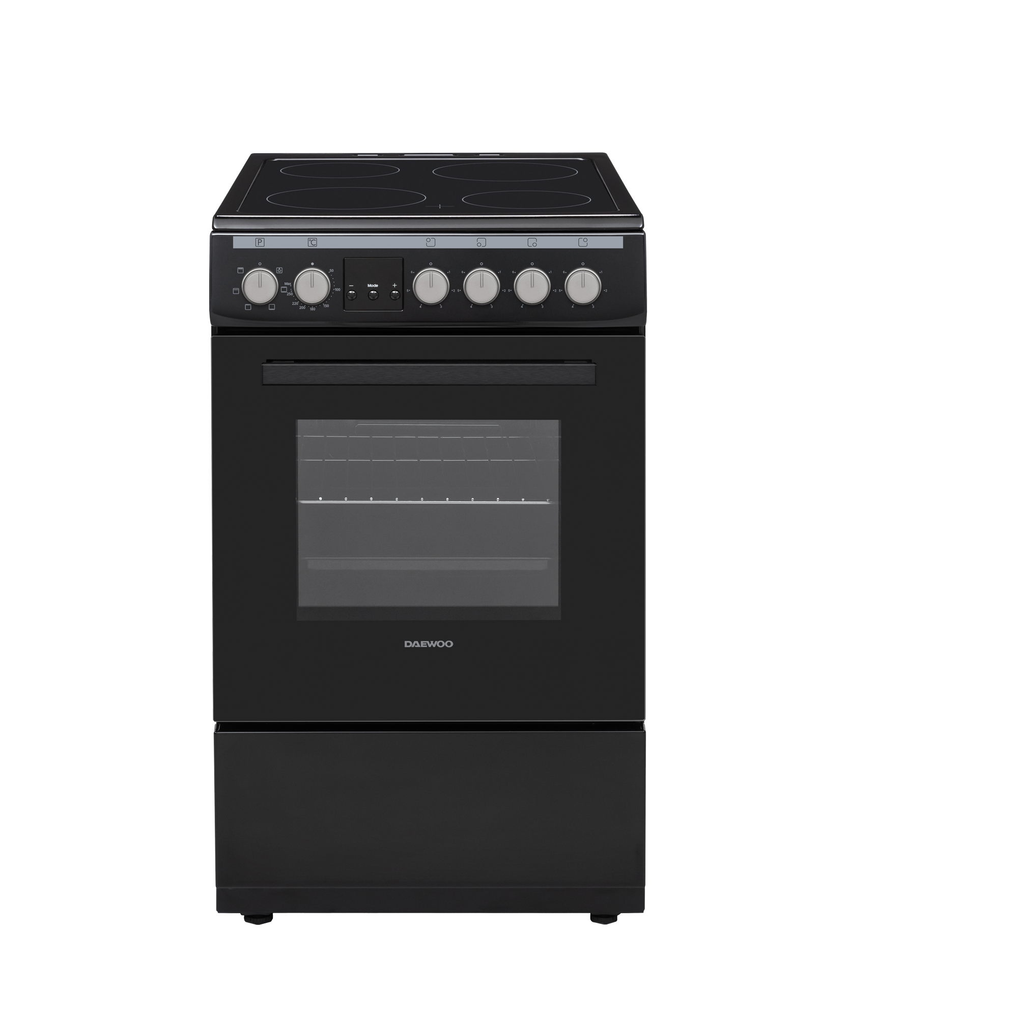 Schwarzer Daewoo Elektroherd mit vier Kochplatten und Backofen.