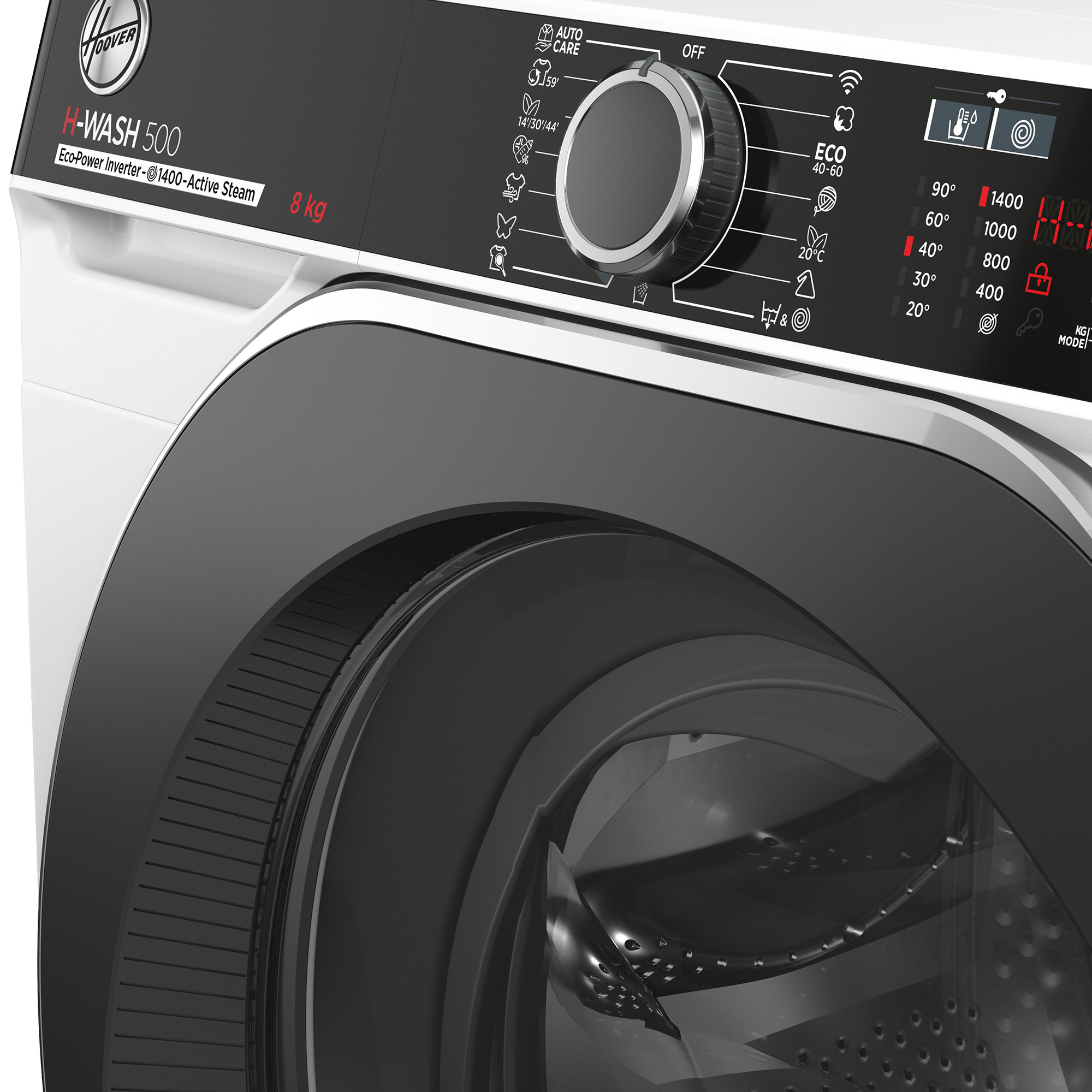 Vorderansicht einer weißen und schwarzen Hoover Waschmaschine mit Bedienfeld und Trommel.