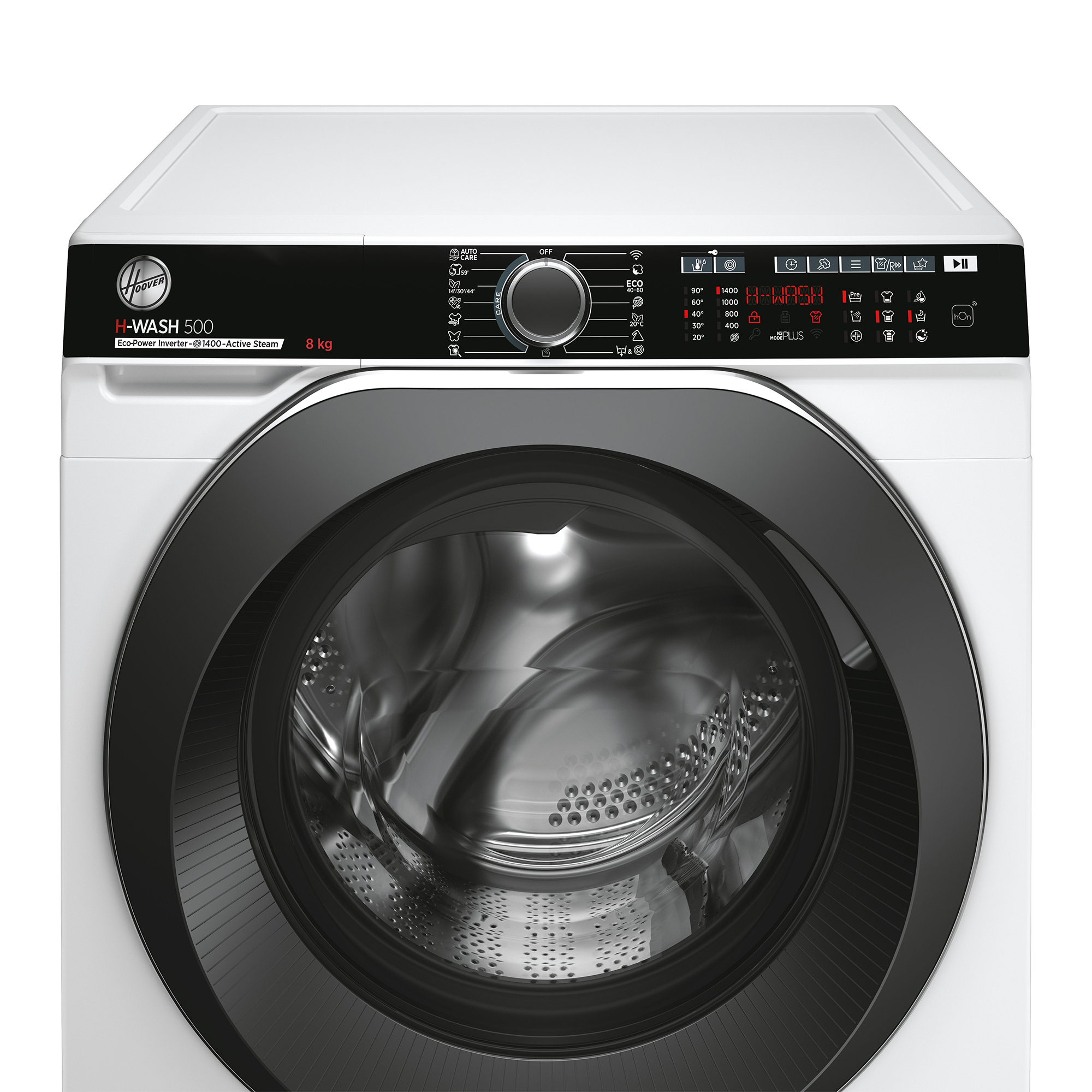 Eine weiße Hoover H-Wash 500 Waschmaschine mit schwarzer Tür und Bedienfeld.