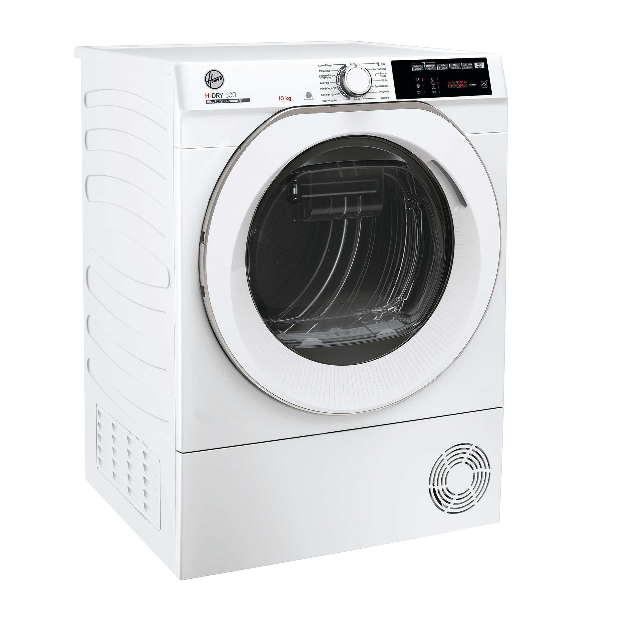 Ein weißer Hoover Wäschetrockner H-DRY 500 mit digitaler Anzeige und Programmauswahl.