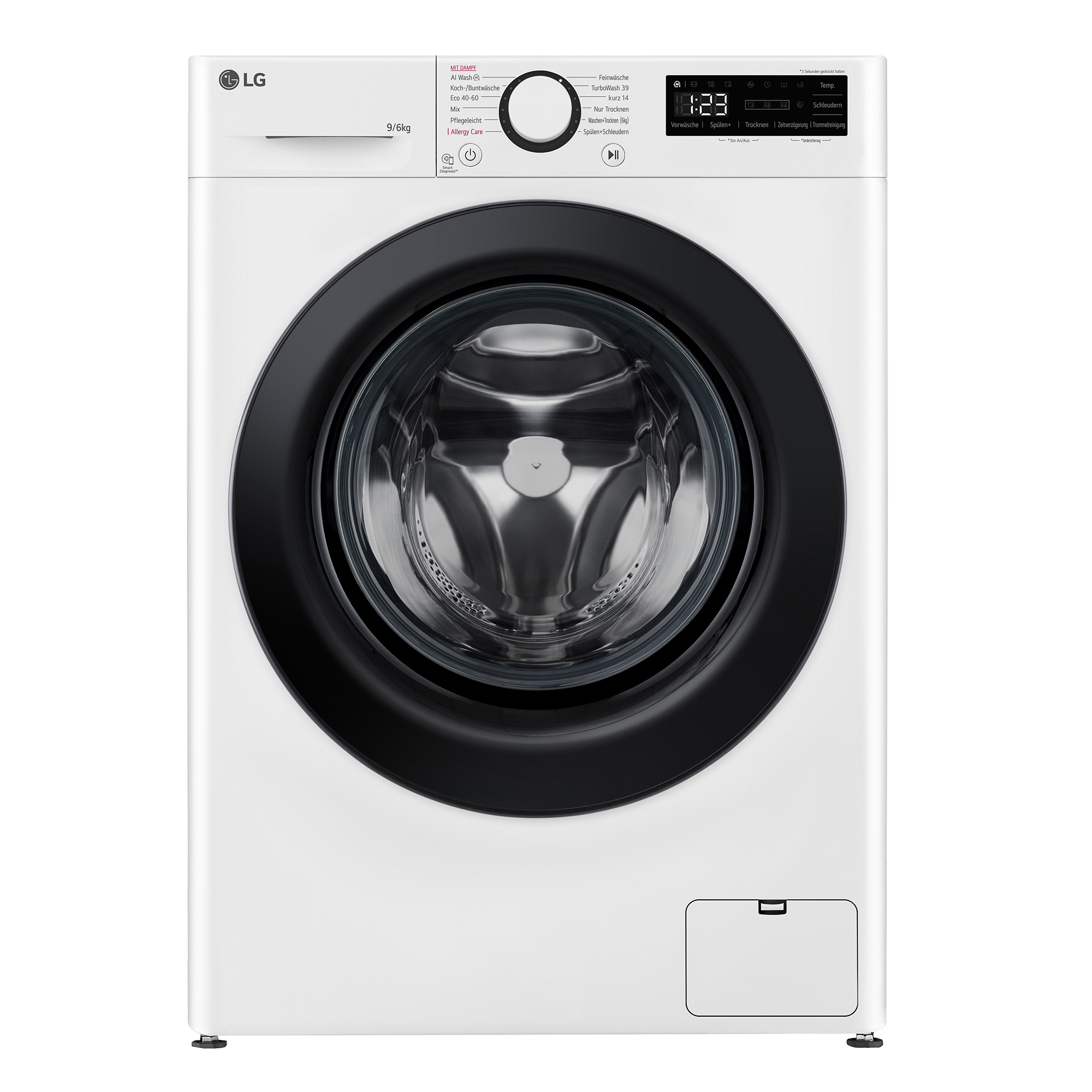 Eine weiße LG Waschmaschine mit schwarzem Bullauge und Bedienfeld.