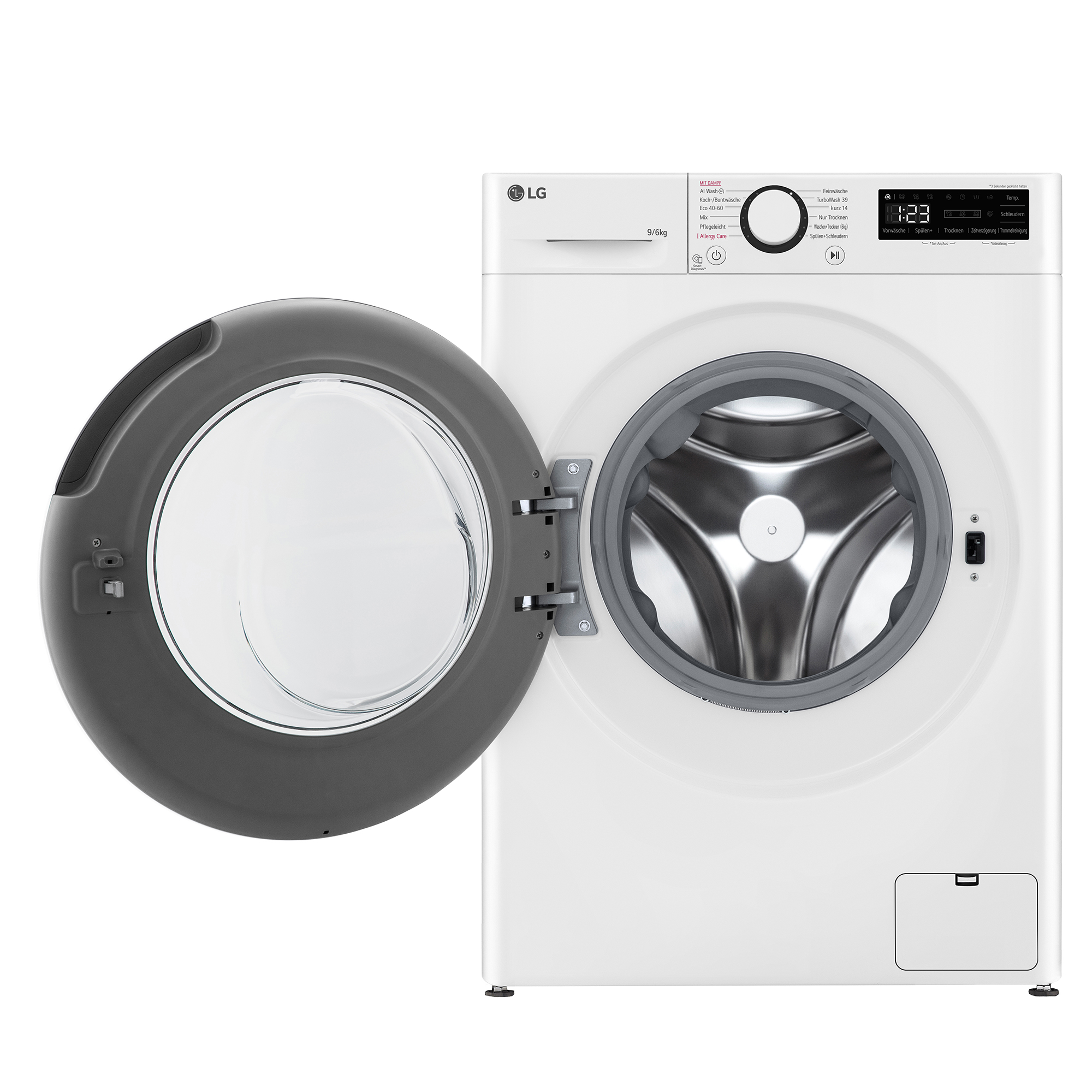 Weiße LG Waschmaschine mit geöffneter Tür und Bedienfeld.