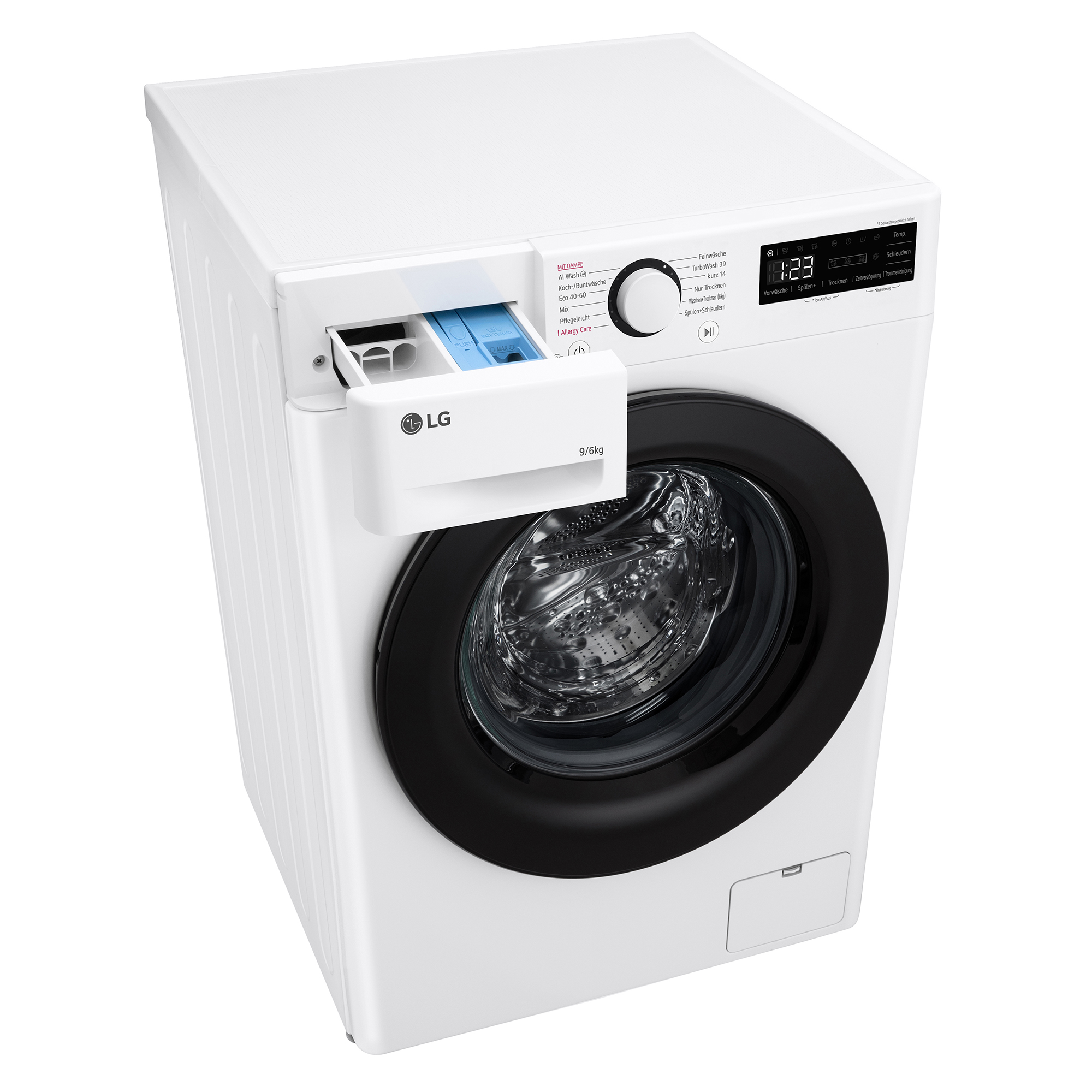 Eine weiße LG Waschmaschine mit schwarzer Tür und geöffnetem Waschmittelbehälter.