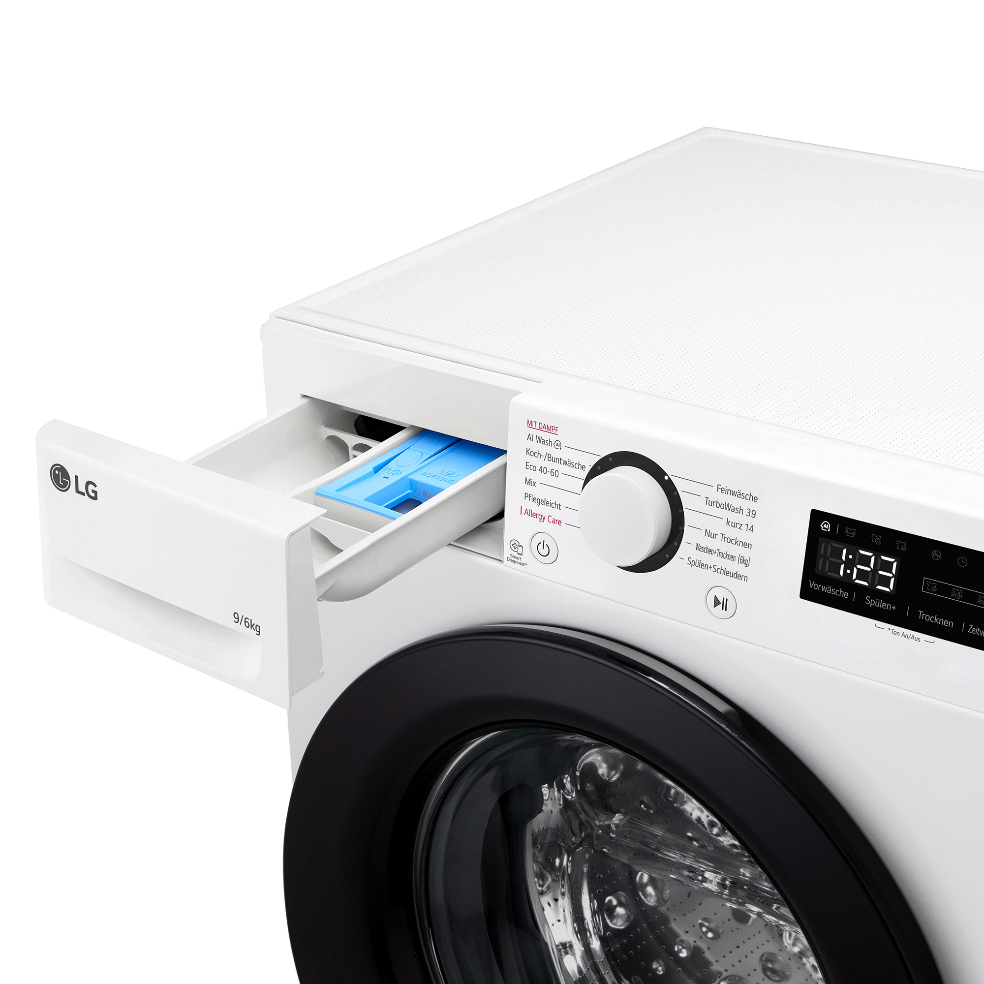 Weiße LG Waschmaschine mit geöffnetem Waschmittelschubfach und Bedienfeld.