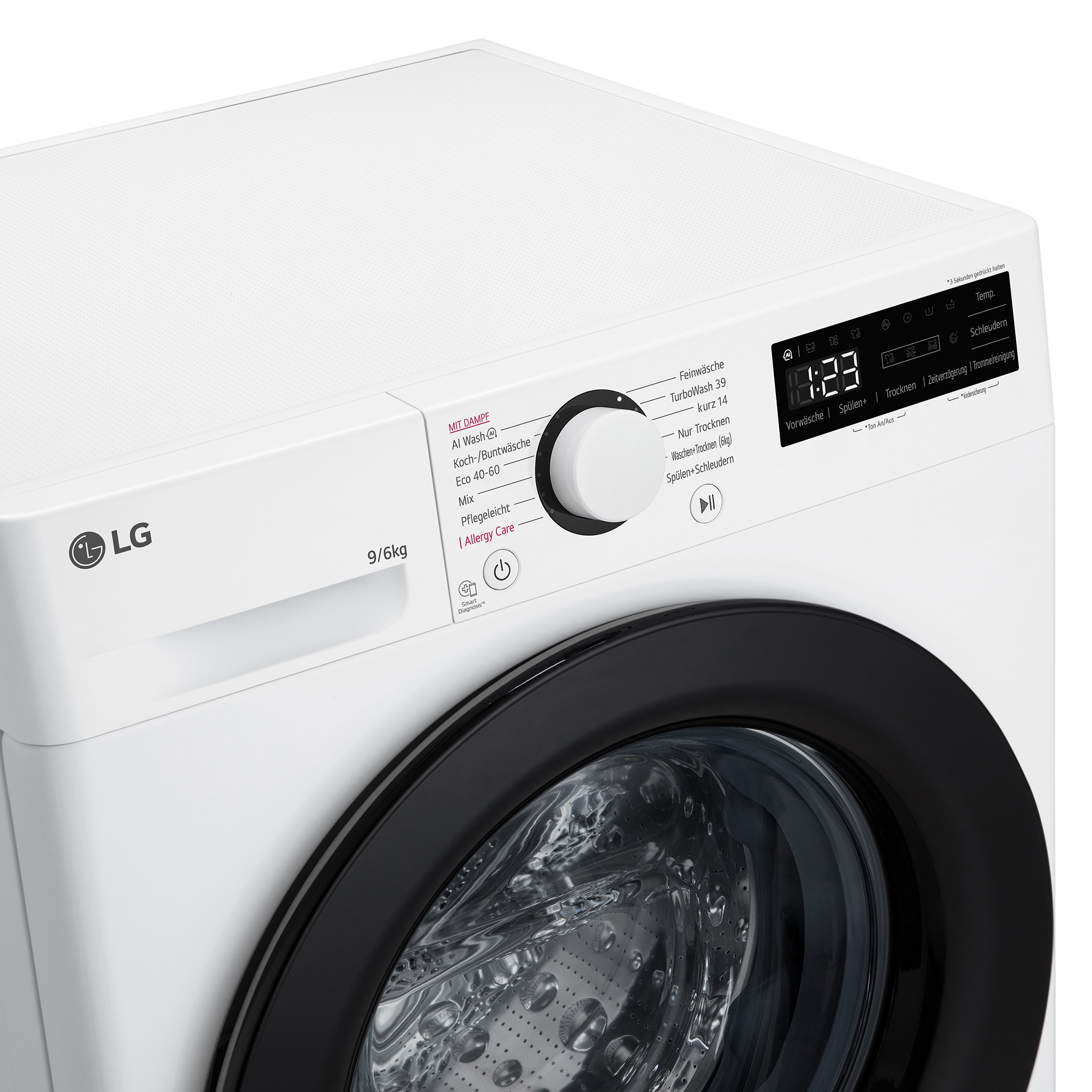 Weiße LG Waschmaschine mit schwarzem Bullauge und Bedienfeld. Zeigt 10:23 an.