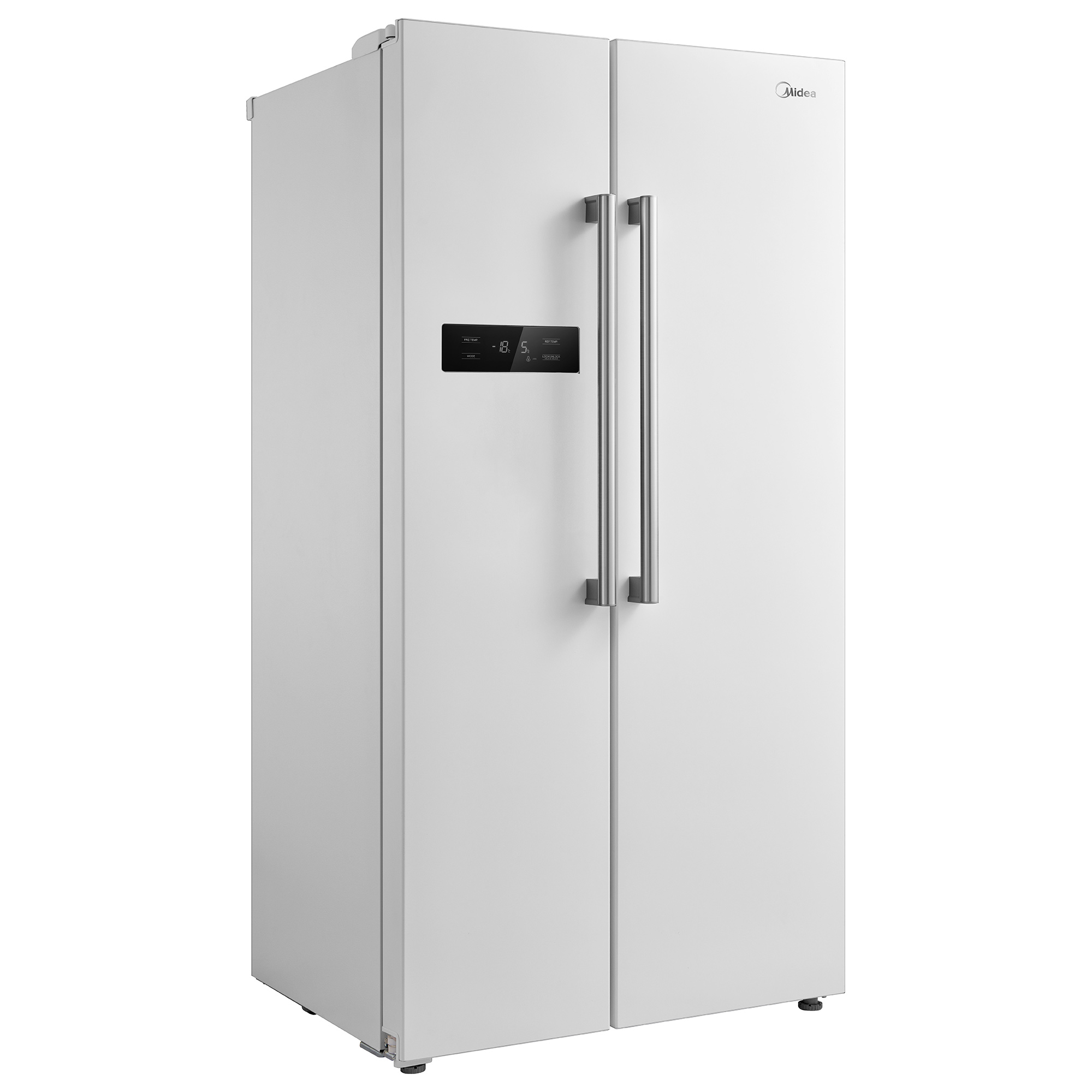 Un refrigerador blanco Midea de dos puertas con asas plateadas.